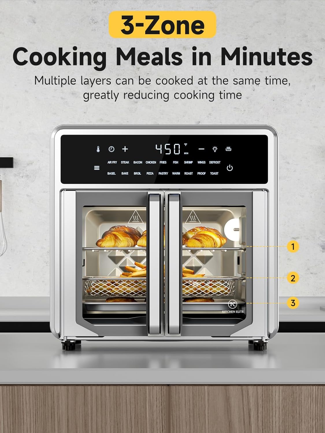 Kitchen Elite Air Fryer French Door Oven,15.8 Qt Toaster Oven Countertop Combo,18 Presets & 1 Preheat & Light, Airfryer Basket,Wire Rack,Baking Pan,Crumb Tray,Compact Design,Stainless Steel,Small