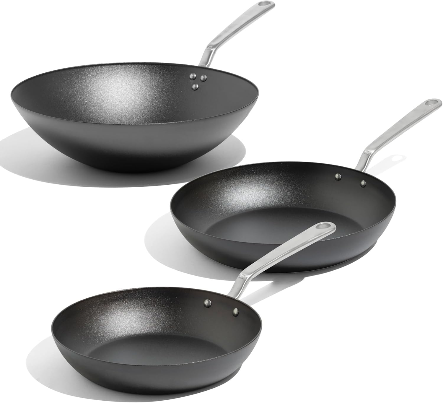 Made In Cookware - Seasoned Carbon Steel Frying Pan Set - Includes Frying Pans and Wok - (Like Cast Iron, but Better) - Professional Cookware - Crafted in Sweden - Induction Compatible