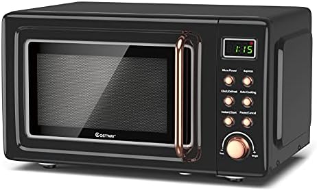 Retro Countertop Microwave Oven, Large 0.7Cu.ft, 700-Watt, Cold Rolled Steel Countertop with Time Setting, Glass Turntable Plate, Pre-Programmed Cooking Settings, LED Display, Child Lock (Rose Gold)