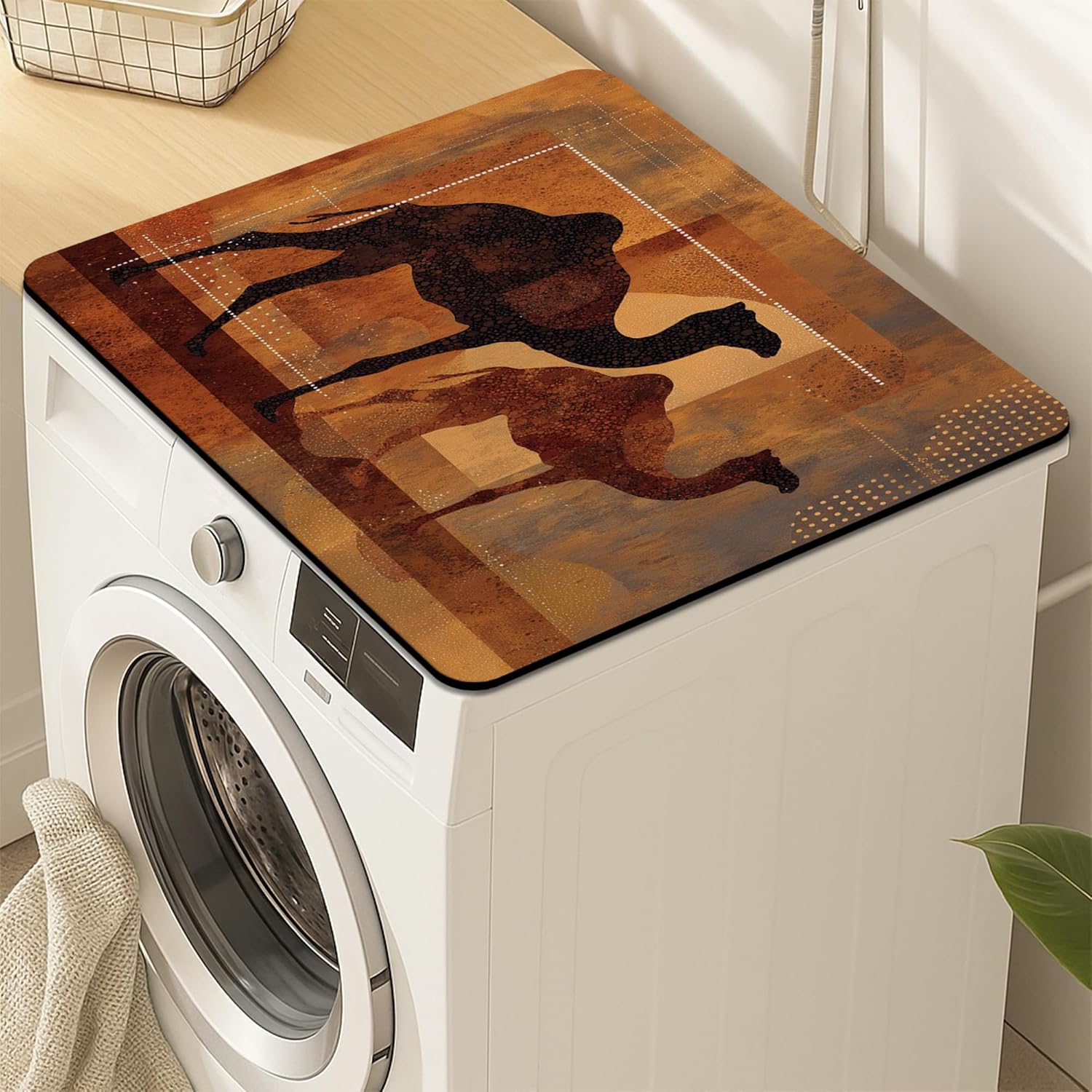 Desert Camel Washer Dryer Top Protector Mat, Vintage Rustic Pattern Laundry Machine Dust Covers, Bohemian Rubber Anti-slip Waterproof Washer And Dryer Mats for Laundry Room 24x24 Inch