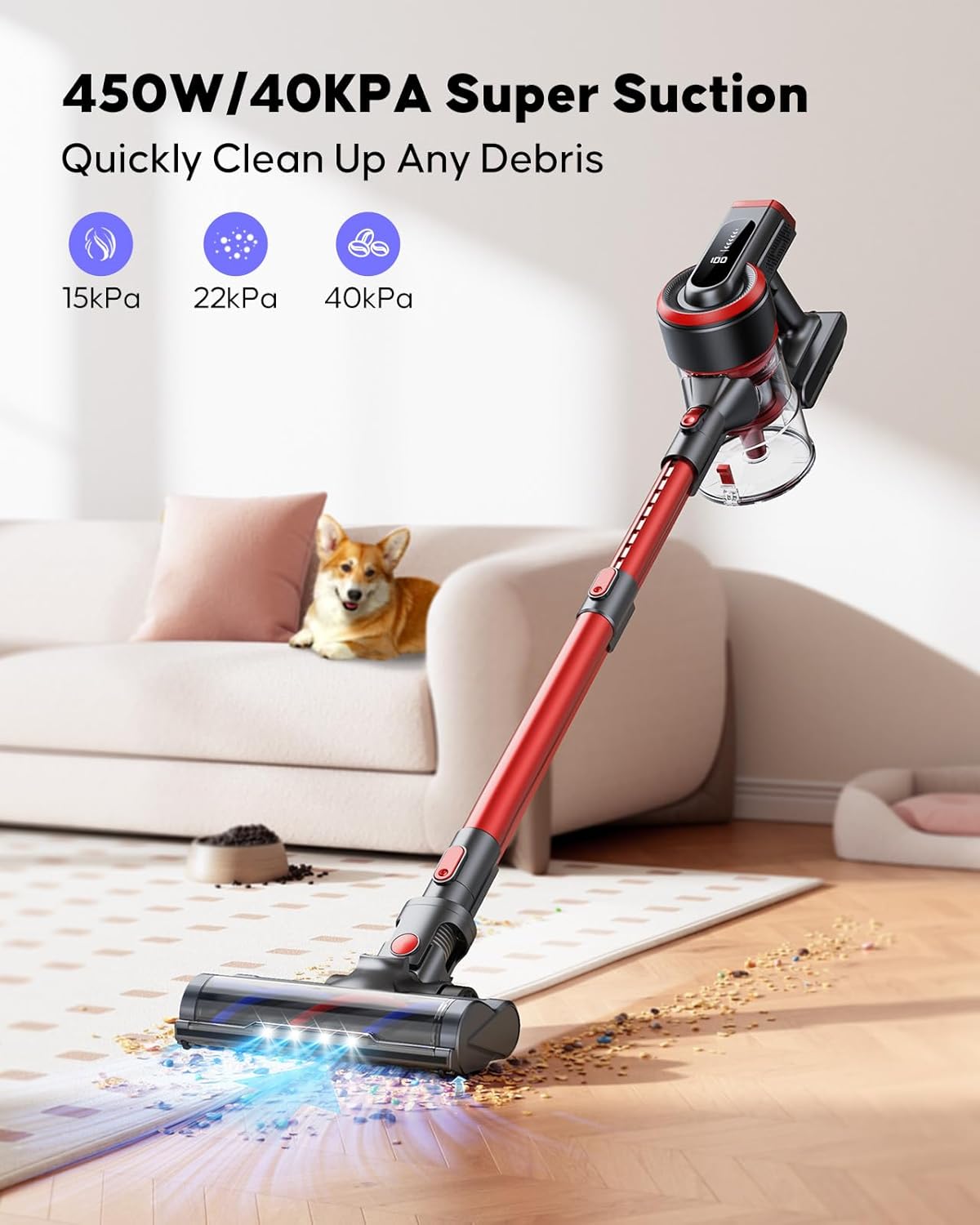 Cordless Vacuum Cleaner, 450W 40KPA Up to 55 Mins Cordless Stick Vacuum Cleaner with Charging Station, LED Touch Display, Anti-Tangle Handheld Vacuum Cleaners for Home/Pet Hair/Carpets/Floors