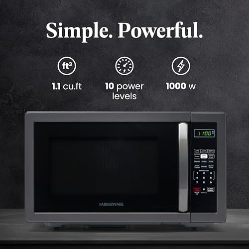 Farberware 1.1 Cu. Ft. Countertop Microwave Oven – 1000 Watts Power, Auto Cook Settings, Defrost, Easy Clean and Child Safety Lock - Stainless and Black