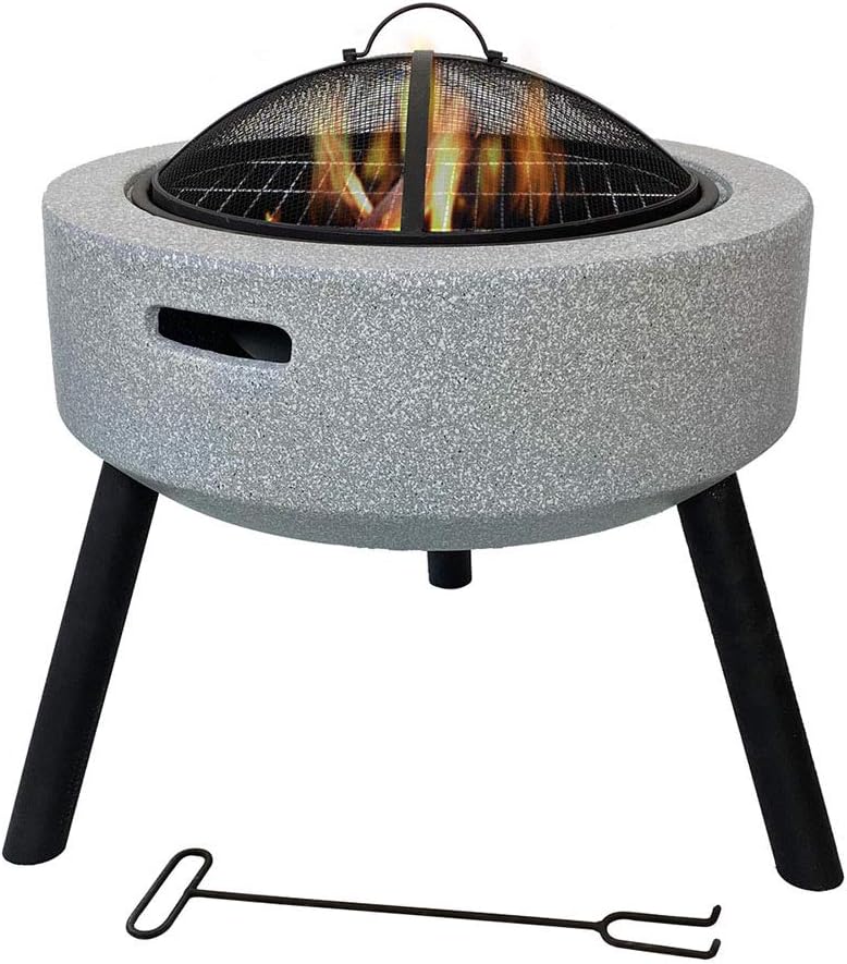 Geo Fire Pit Bowl, Fire Pit with BBQ Grill Shelf Triangle Bracket Magnesium Oxide Material Outdoor Garden Fire Pit with Mesh Cover,Gray