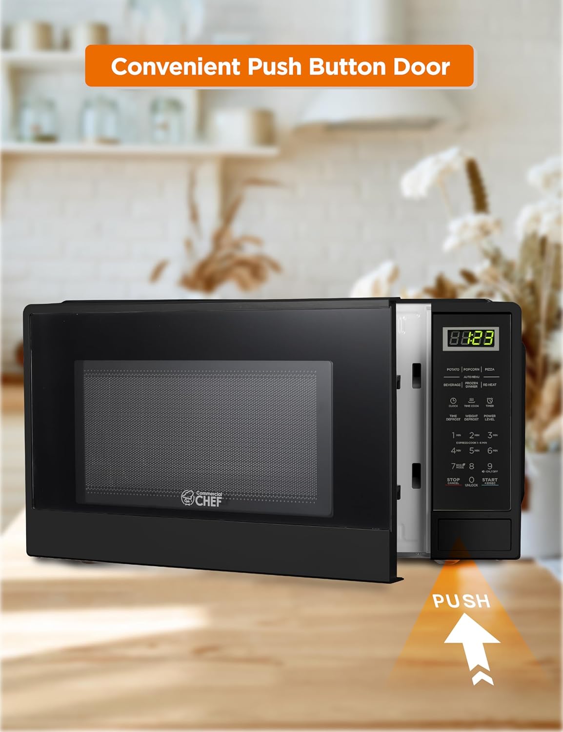 COMMERCIAL CHEF 1.1 Cu Ft Microwave with 10 Power Levels, Small Microwave with Push Button, 1000W Countertop Microwave with Kitchen Timer, Door Lock, & Digital Controls, Black