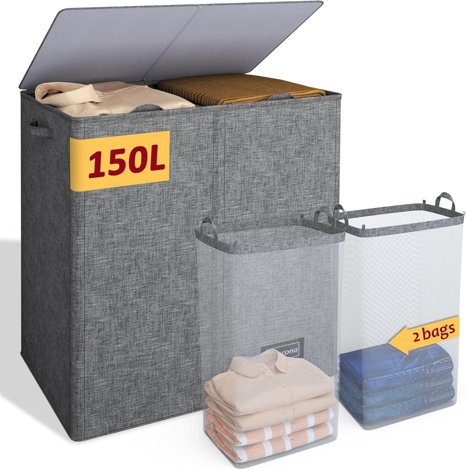 150L Laundry Hamper 2 Section, Large Laundry Hamper with Lid, Dirty Clothes Hamper with 2 Removable Inner Bags, Collapsible Laundry Basket Organizer for for Clothes Toys Towels, Hamper 2 Compartment