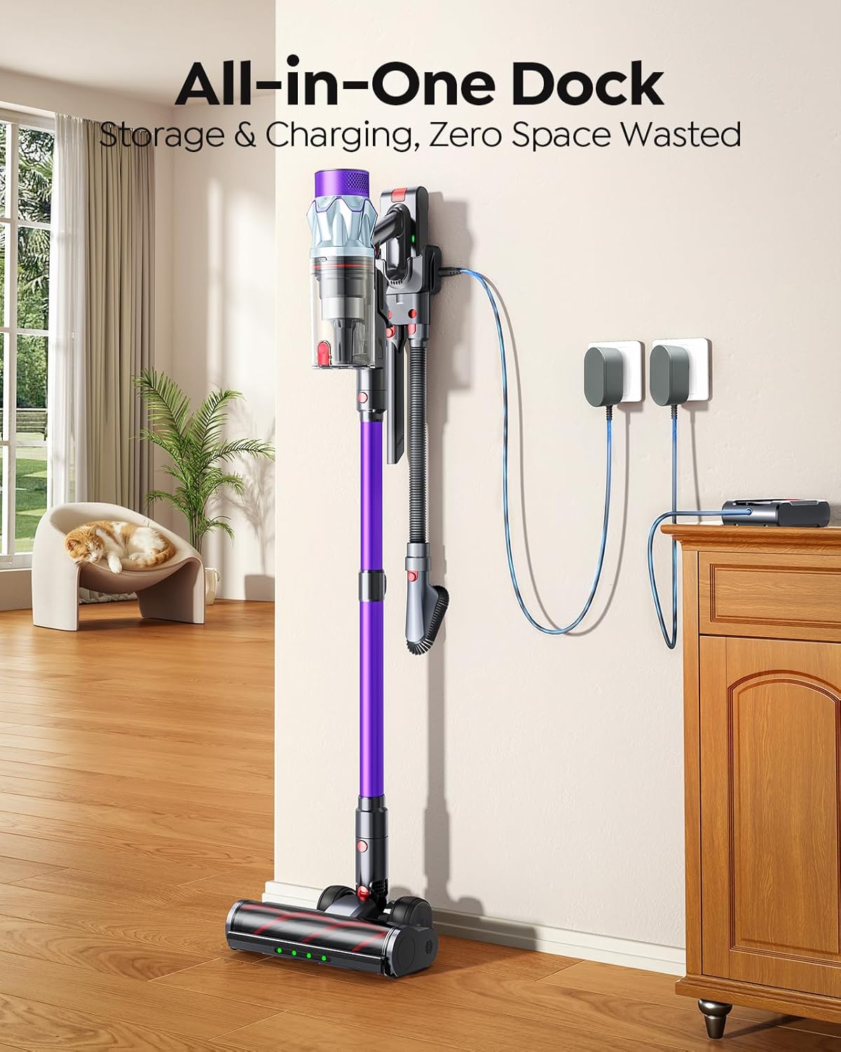 Cordless Vacuum Cleaner 65min/600W/50KPA Self-Standing Vacuum Cleaners for Home with 3.3Ft Hose & Auto Mode, Wall Mount Charging Stick Vacuums with Fragrance Dust-Scraper for Hardwood Floor/Car/Pet
