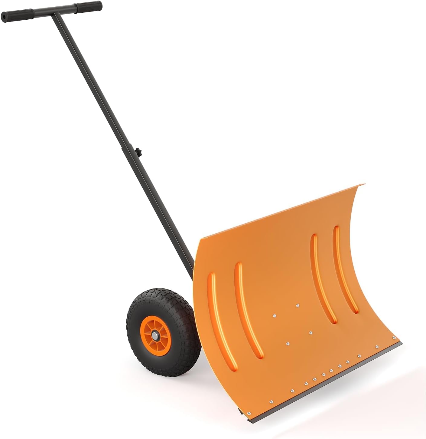 Single Rod Snow Shovel with Wheels, 20 * 29 Inch Heavy Duty Steel Snow Pusher, Adjustable 5-Position Angle & Height Handle, Durable Snow Remover for Driveway, Sidewalks, Yards & Patios, Orange Wheel