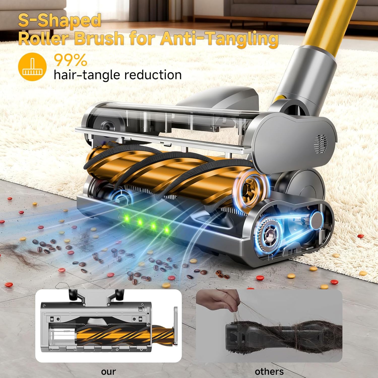 Cordless Stick Vacuum Cleaner - 45KPA Powerful Suction Vacuum with 45 Min Runtime, Detachable Battery, Anti-Tangle & 1.5L Dust Cup, 8 in 1 Vacuum Cleaner for Pet Hair, Carpet, HardFloor, Yellow