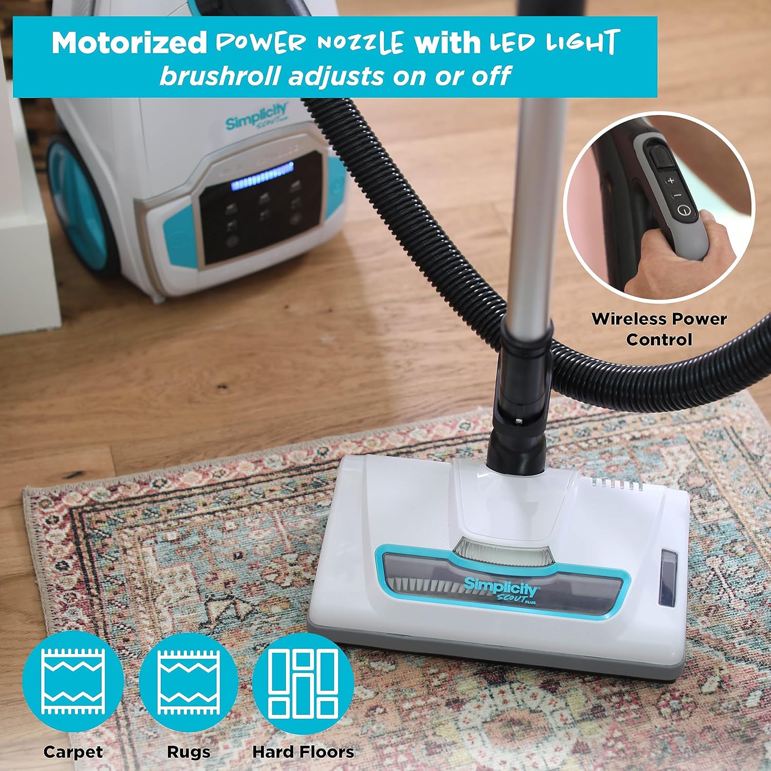 Simplicity Vacuums Scout Plus Canister Vacuum Cleaner, Vacuum Cleaner Carpet and Floor Sweeper with Multifunction Digital Control Panel and Extendable Wand