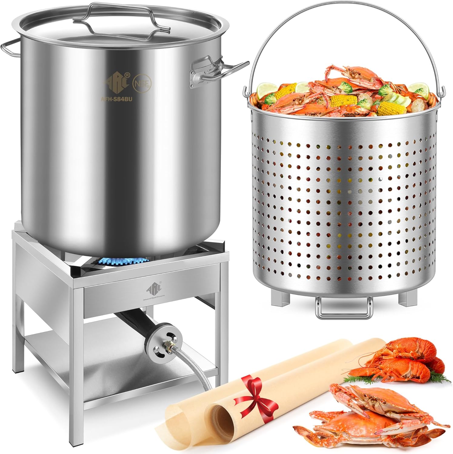ARC 84QT Stainless Steel Seafood Boil Pot with 200,000BTU Propane Burner, w/Basket for Outdoor Deep Fryer, Large Cooking Pot for Turkey Fryer, Crab, Crawfish, Shrimp, Lobster Boiling Stock Pot