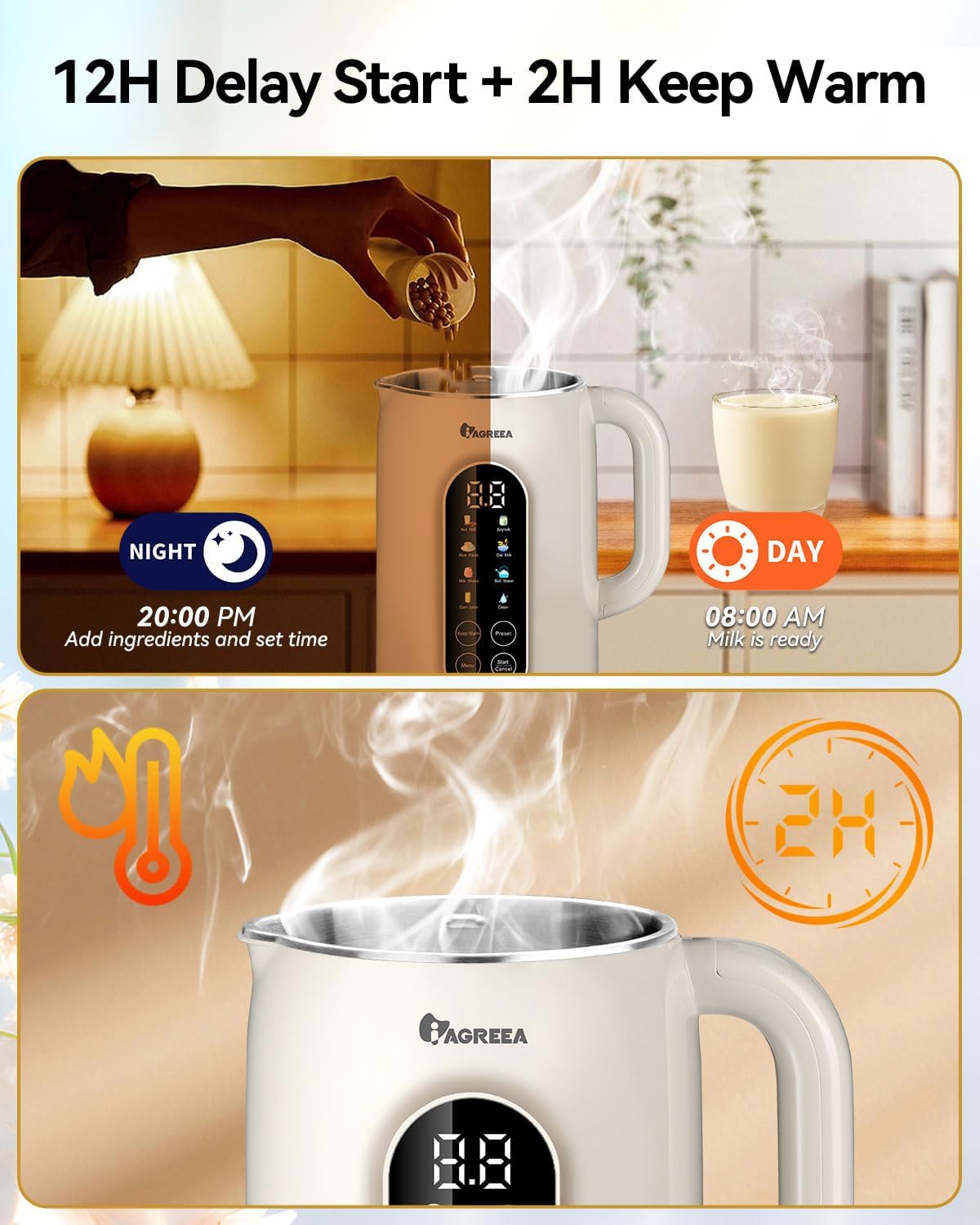 IAGREEA 35oz Nut Milk Maker Machine 304 Stainless Steel Lid BPA Free, 10-in-1 Soy Milk Maker for Homemade Milkshake/Nut/Oat/Plant-Based Drink, 10 Blades Blenders with Delay Start/Boil Water/Self Clean