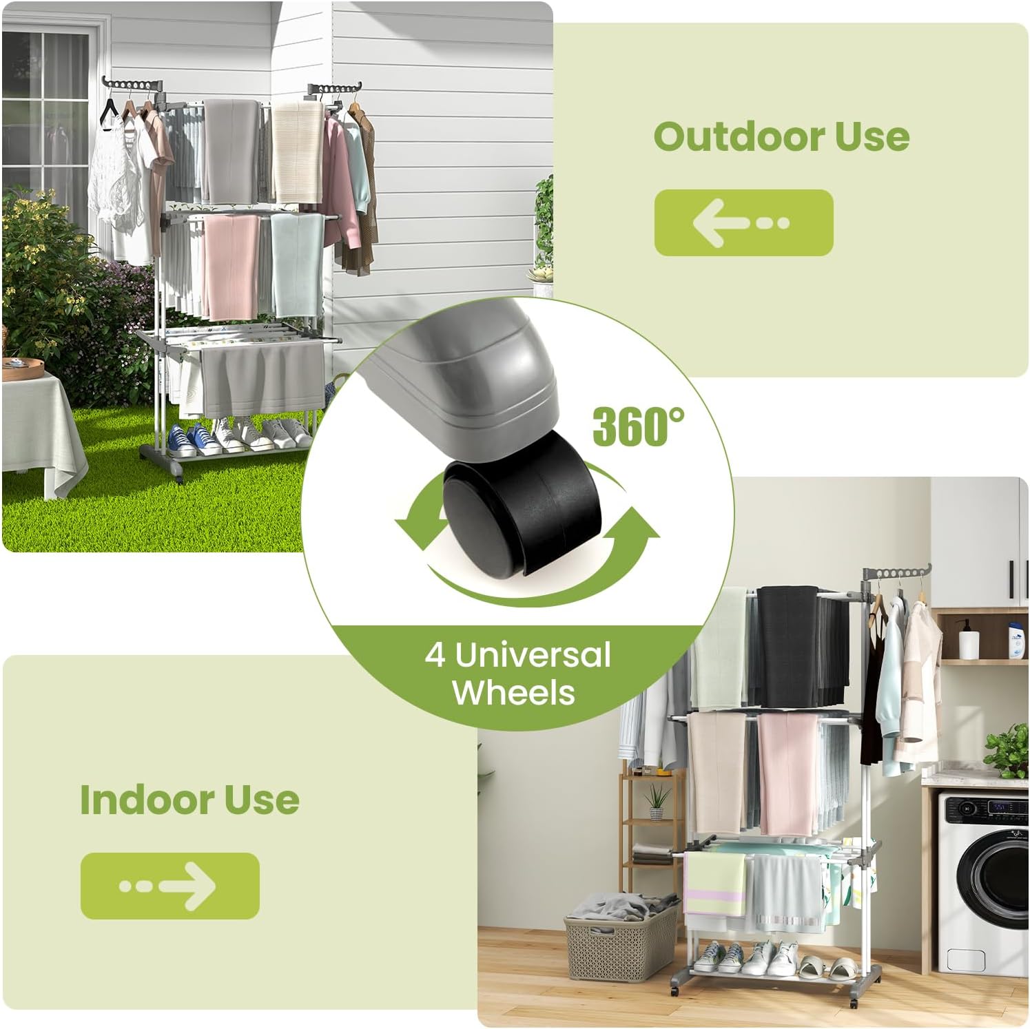 Giantex Foldable Clothes Drying Rack, Oversized 4-Tier Collapsible Laundry Rack w/ 3 Retractable Trays, Hanger Holders, Moveable Laundry Garment Dryer Stand w/Wheels for Indoor Outdoor Use