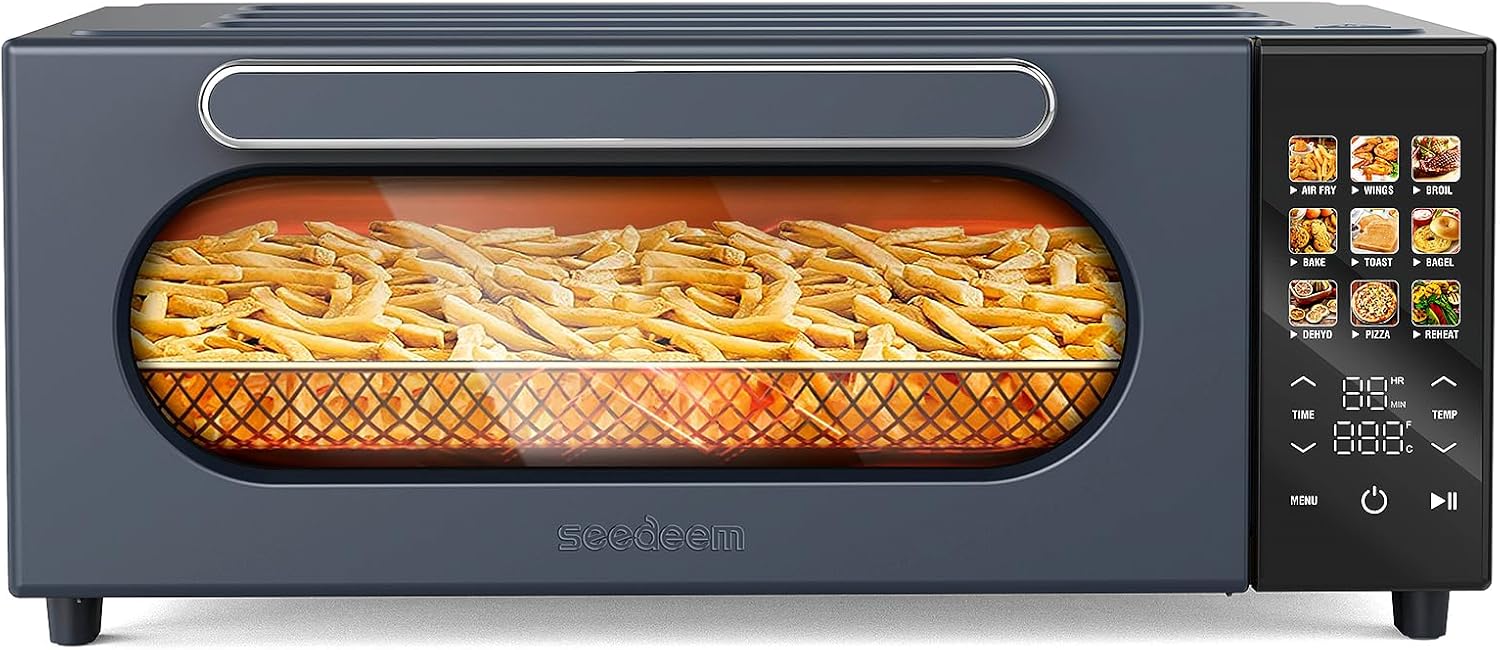 SEEDEEM 10-in-1 Air Convection Toaster Oven, 15L Convection Toaster Oven Cooker with Color LCD Display and Touch Screen, Toaster, Air Fryer, Dehydrate, 4 Accessories Included, 1800W, Ash Gray