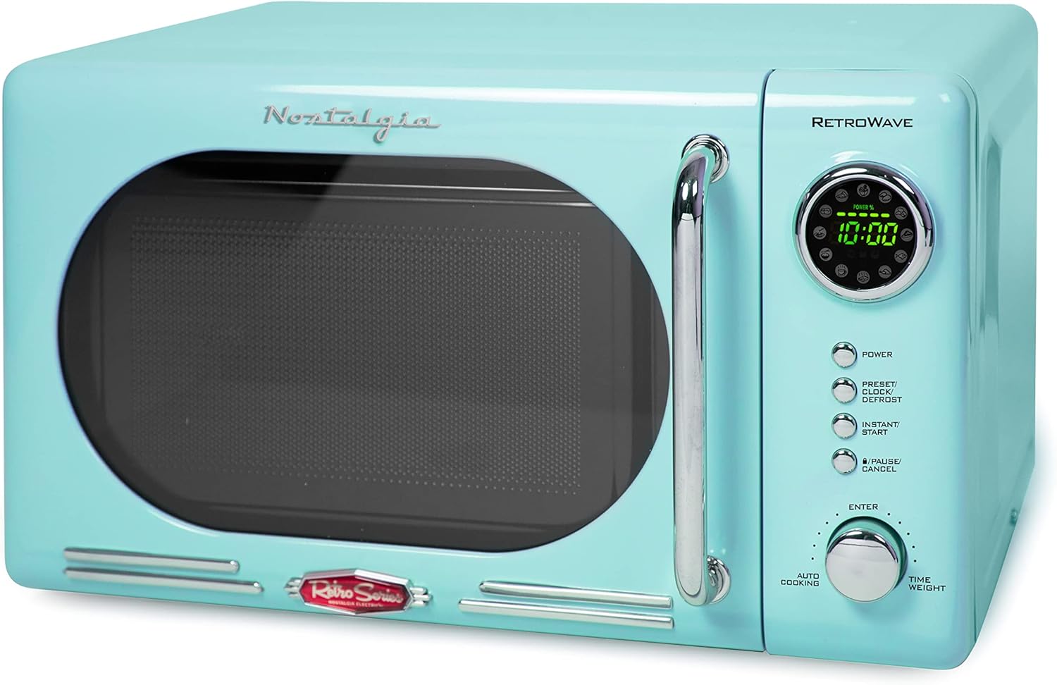 Nostalgia Retro Compact Countertop Microwave Oven, 0.7 Cu. Ft. 700-Watts with LED Digital Display & Retro Wide 2-Slice Toaster, Vintage Design With Crumb Tray, Cord Storage & 5 Toasting Levels, Aqua