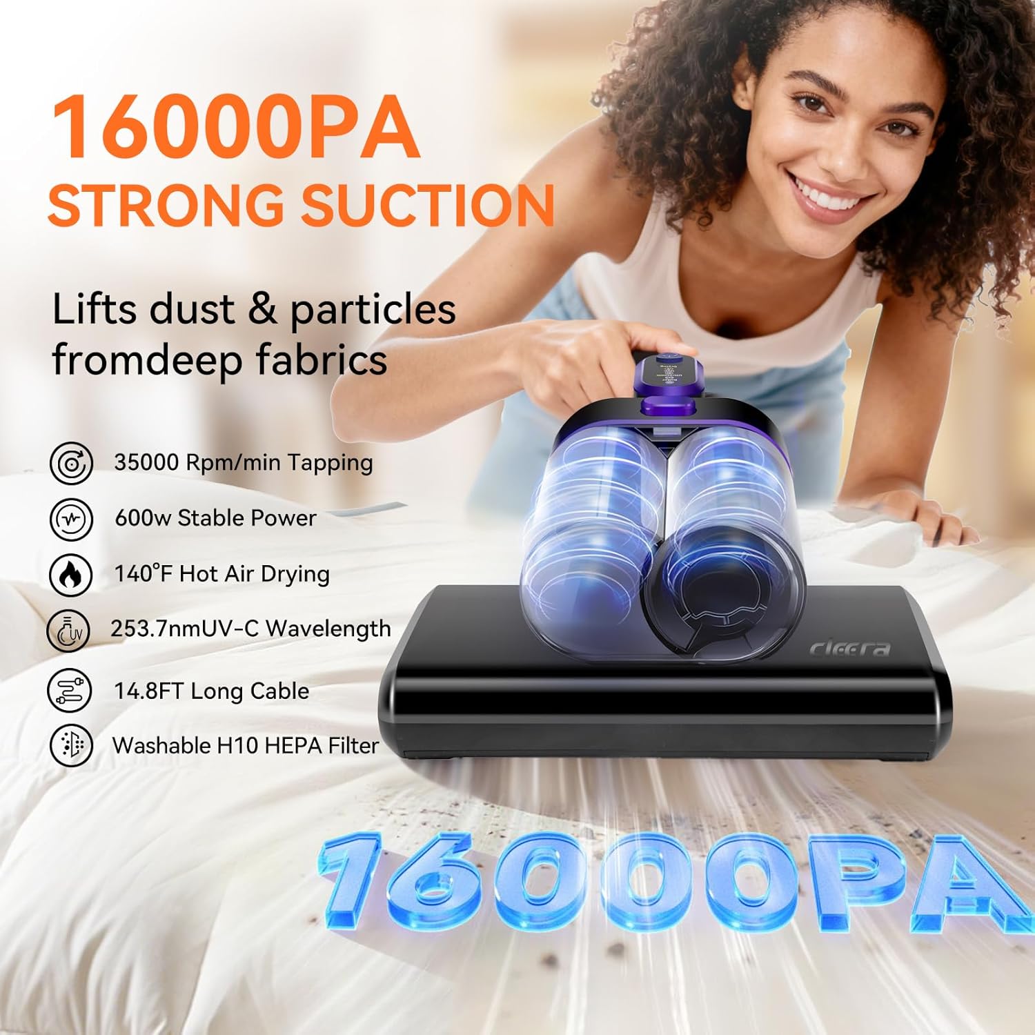 Mattress Vacuum Cleaner, 16KPa Suction Bed/Couch Vacuum, 253.7nm UV-C+140°F Heating+HEPA Filter, 600W Pet Hair Remover for Mattress/Sofa/Crib, Lightweight Corded Deep Cleaner