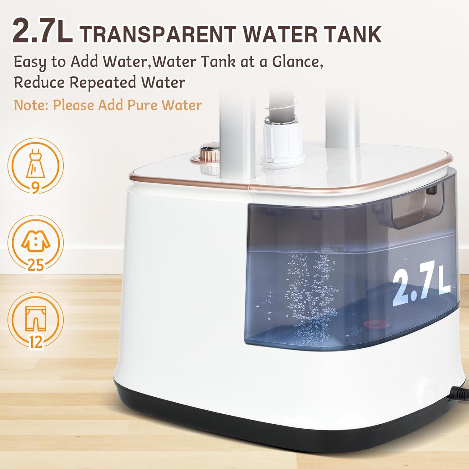 ADVWIN 2000W Powerful Standing Steamers, Garment Steamer for Clothes, 10 Steam Levels, 2.7L Water Tank for 90 Mins Continuous Steaming, Perfect for Commercial and Household Use (Champagne Gold)