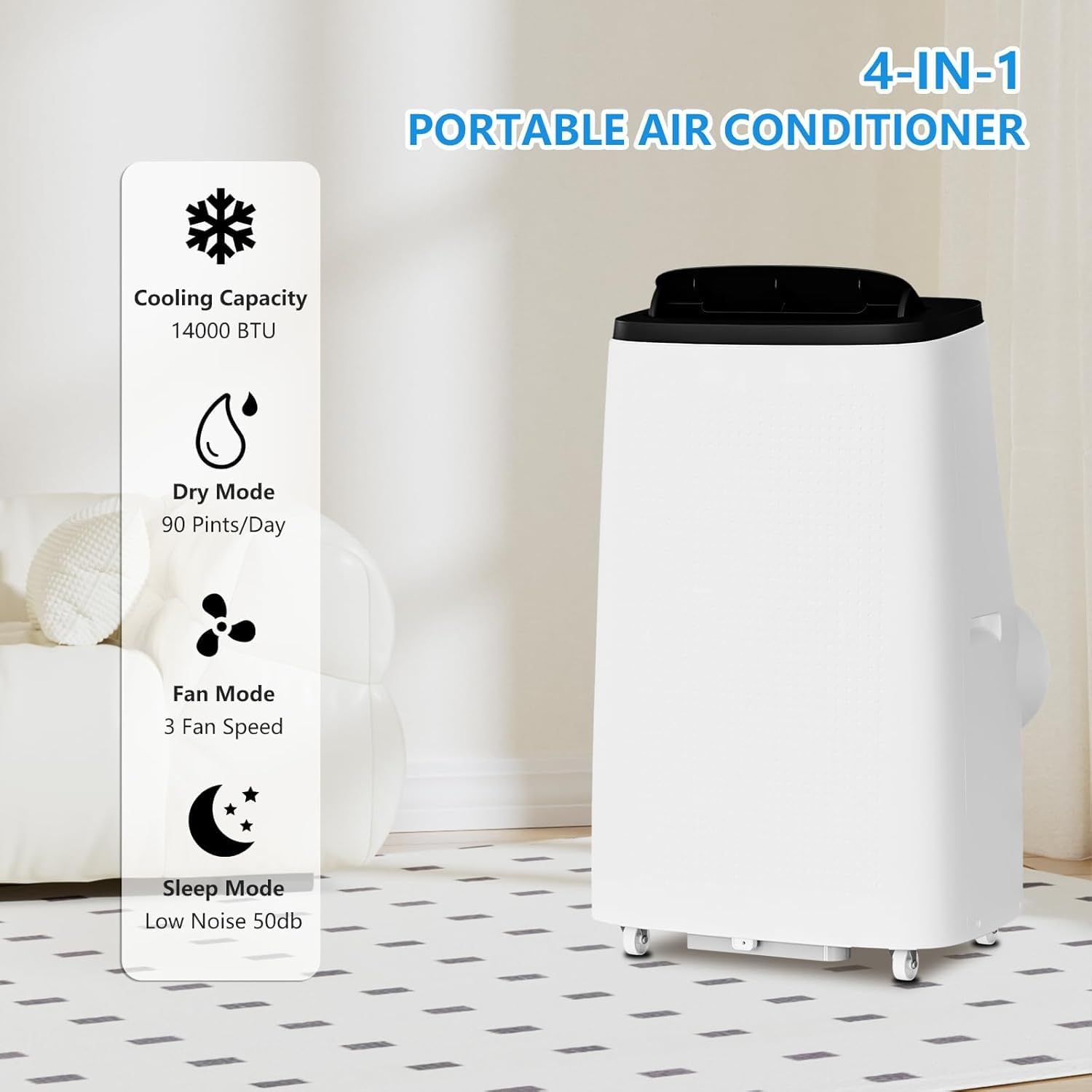 Portable Air Conditioners, 14000 BTUs Portable AC Unit 3 in-1 Cooling, Dehumidifier & Fan, Standing A/C Portable Air Conditioner for Room Up to 750 Sq. Ft, 24H Timer, Window Kits, Black&White Cover