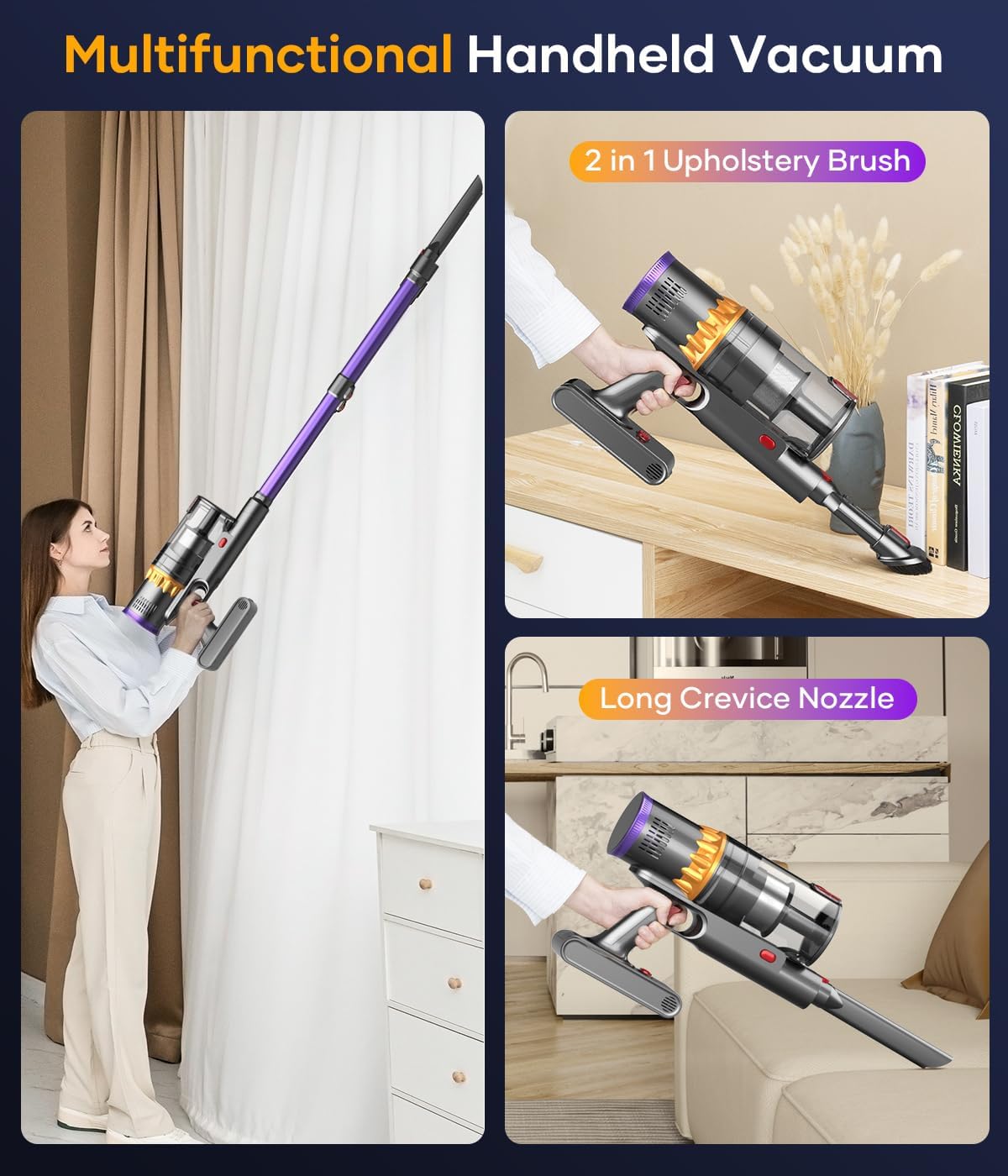 Cordless Vacuum Cleaner, 550W/45Kpa Stick Vacuum with Smart Display, MAX 65Mins Runtime Vacuum Cleaners for Home, Auto Mode & Anti-Tangle Lightweight Vacuum for Pet Hair/Carpet/Floor