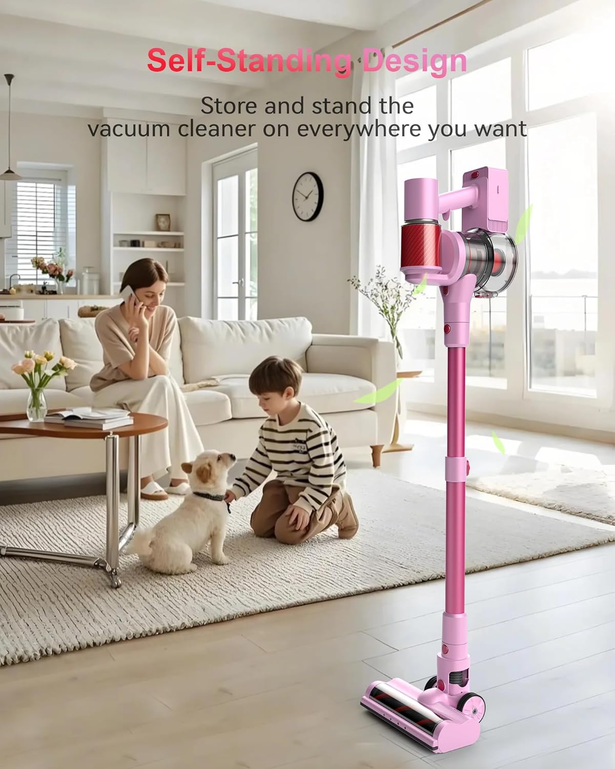 Pink Cordless Vacuum Cleaner, 45Kpa/550W/60 Mins Runtime Stick Vacuum with Self-Standing and Touch Screen, Anti-Tangle Wireless Vacumm, Vacuum Cleaners for Home/Pet Hair/Carpets/Floors