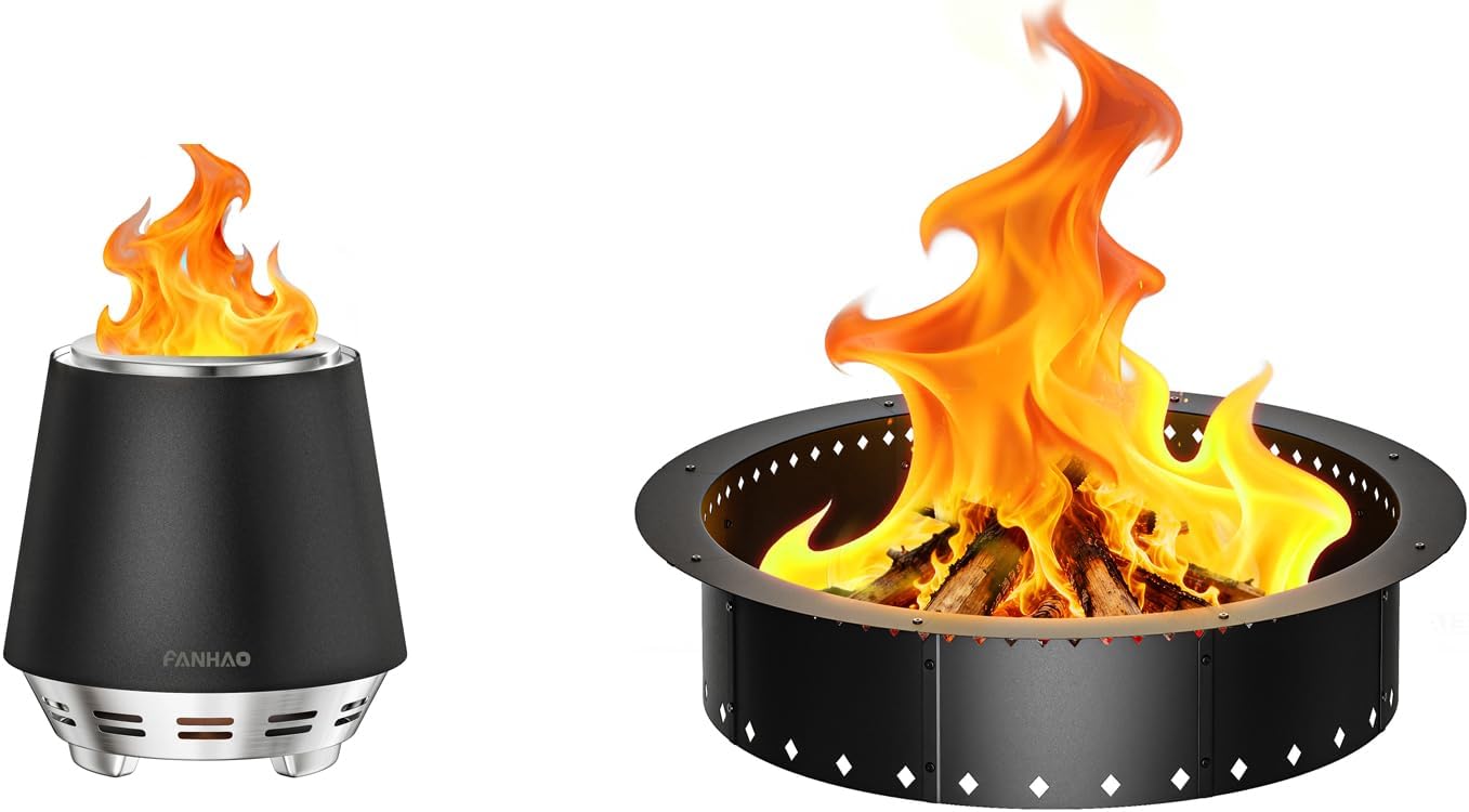 FANHAO Outdoor Fire Pit + 36-Inch Fire Ring Smokeless, Wood Burning Fire Pit Ring Duty Solid Metal Steel