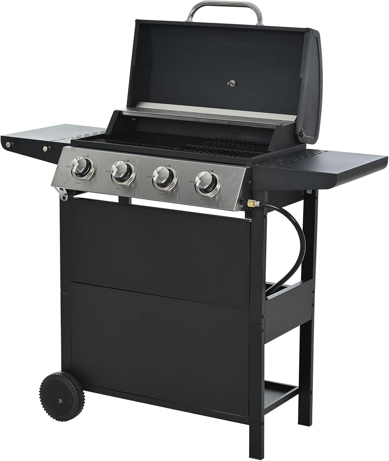 Propane Gas Grill 4 Burner Barbecue Grill, Stainless Steel 34,000 BTU Patio Garden Barbecue Grill with Two Shelves, Lid, Wheels and Bottle Opener