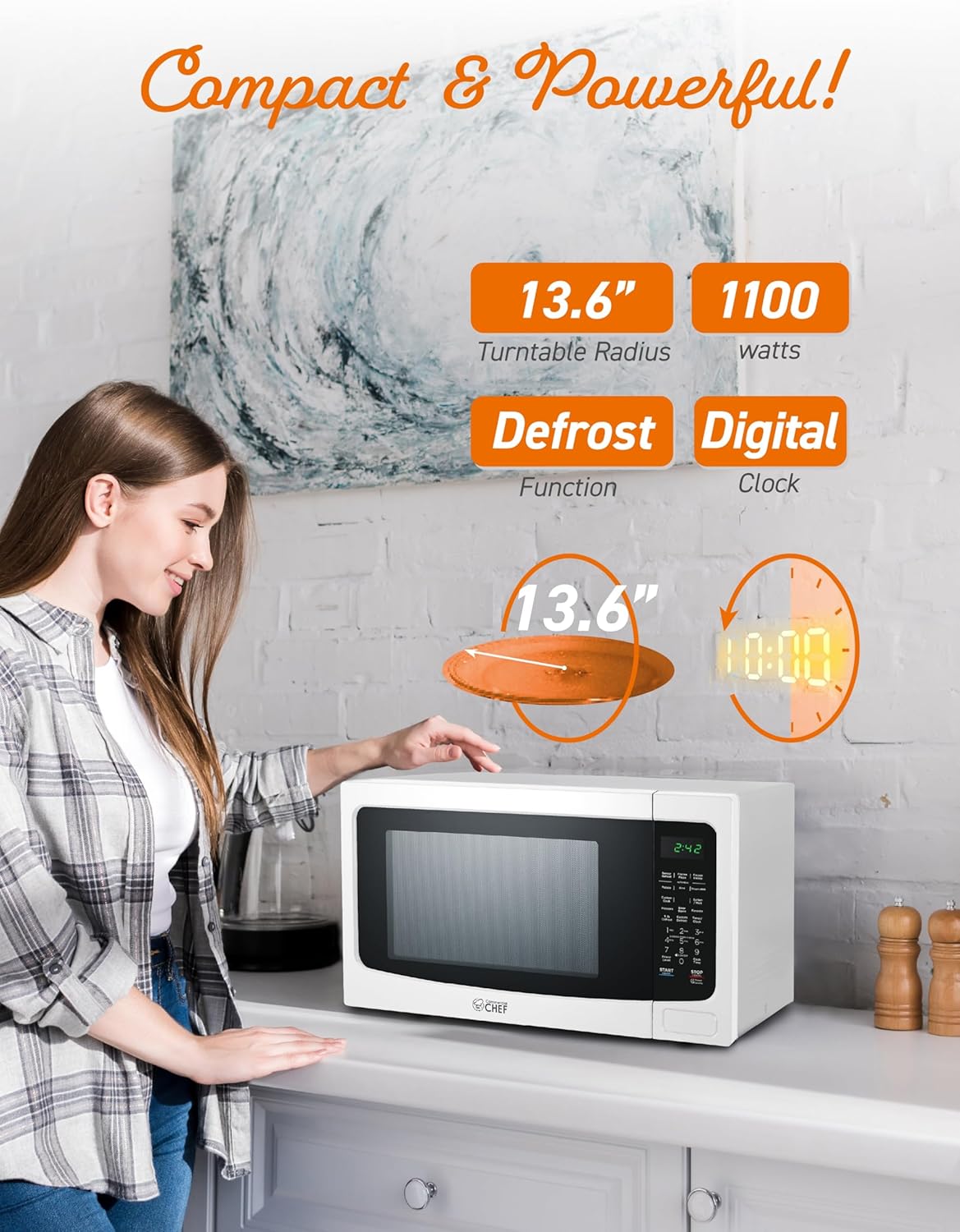 Commercial Chef 1.6 Cubic Foot Microwave with 10 Power Levels, Small Microwave with Push Button Child Safety Lock, 1100 Watt Microwave with Digital Control Panels, Countertop Microwave & Timer, White