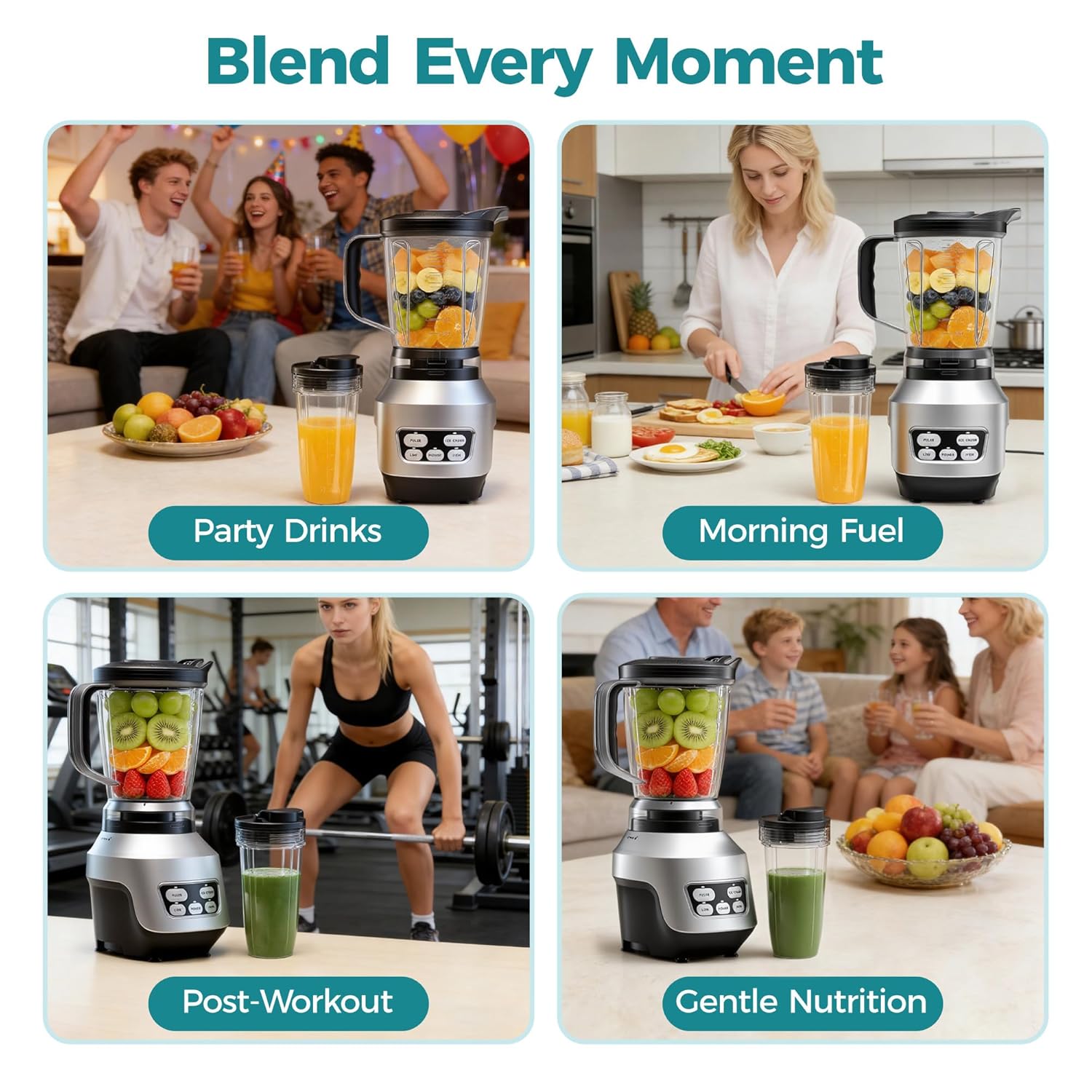 OLIXIS Smoothie Blender, Countertop Blenders for Kitchen with 23 34 60 oz BPA-Free Portable Cups, Professional Smoothie Maker with Four Programs for Shakes, Sauces, Juice and Ice Crushing, Silver