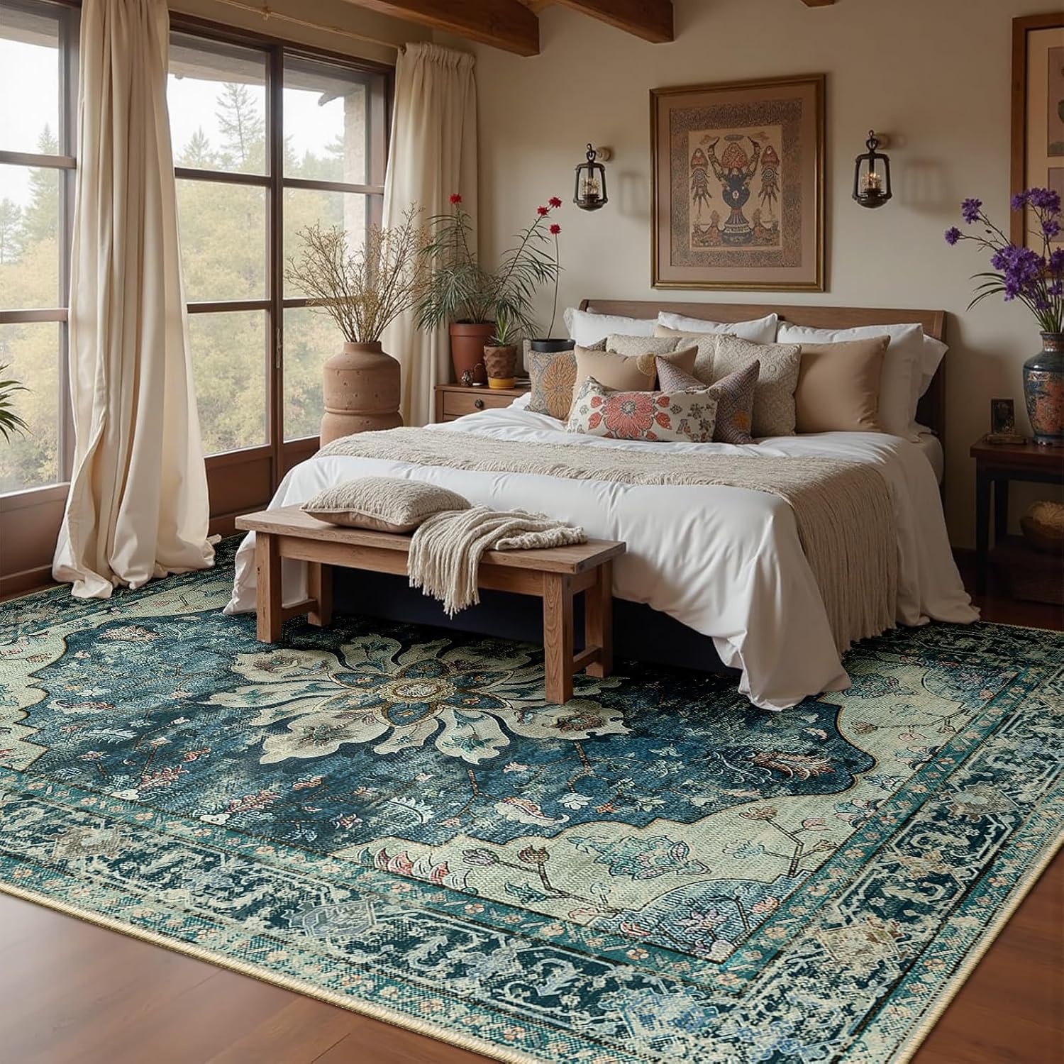 Area Rugs 10'x14' Washable Non-Slip, Floral Vintage Distress Print Pattern Medallion Carpet for Living Room Bedroom Dining Room, Dark Blue Vintage