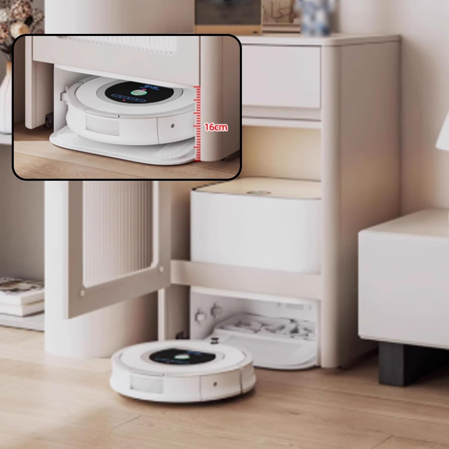 Storage Cabinet Movable Robot Vacuum Stand Cabinet 2-Door Design with Silent Rollers Side Table for Living Room, Home Office Easy to Assemble 53 * 44 * 81CM(Natural)