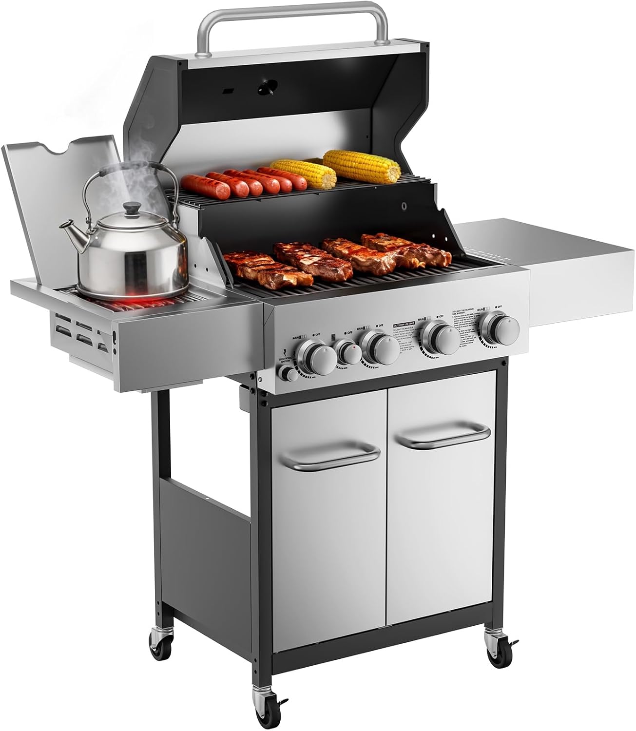 Veralune 4 Burner Gas Grill with Infrared Side Burner, Porcelain-Enameled Cast Iron Grates and Lockable Wheels, 55,000 BTU Output Stainless Steel Propane Grill for Backyard, Patio, Garden Cooking