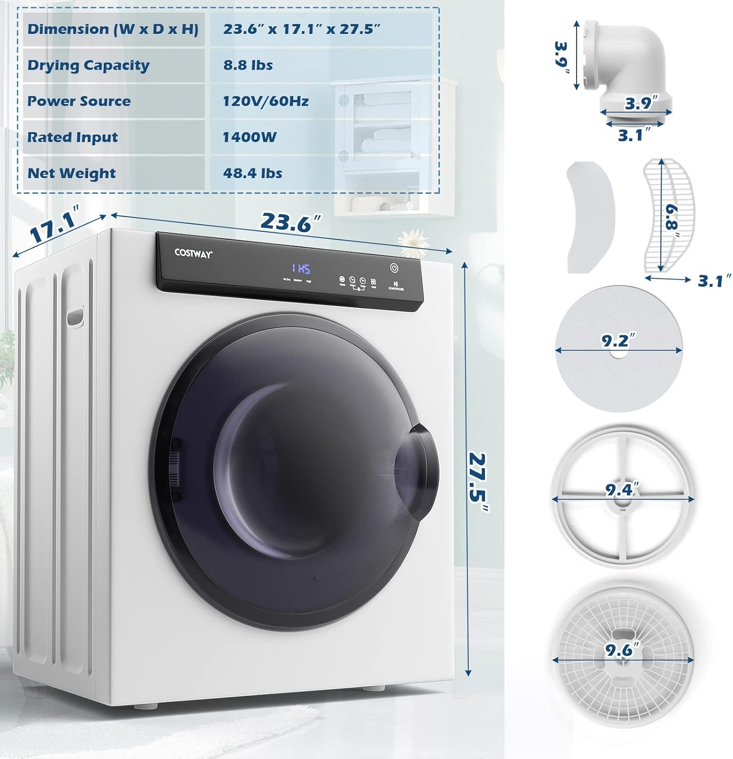 COSTWAY Compact Portable Dryer, with Touch Panel, 2 Modes, 3 Heating Powers and Adjustable Exhaust Vent, 8.8 LBS Front Load Tumble Laundry Dryer for Apartment, Dorm and Home, 1400W, White