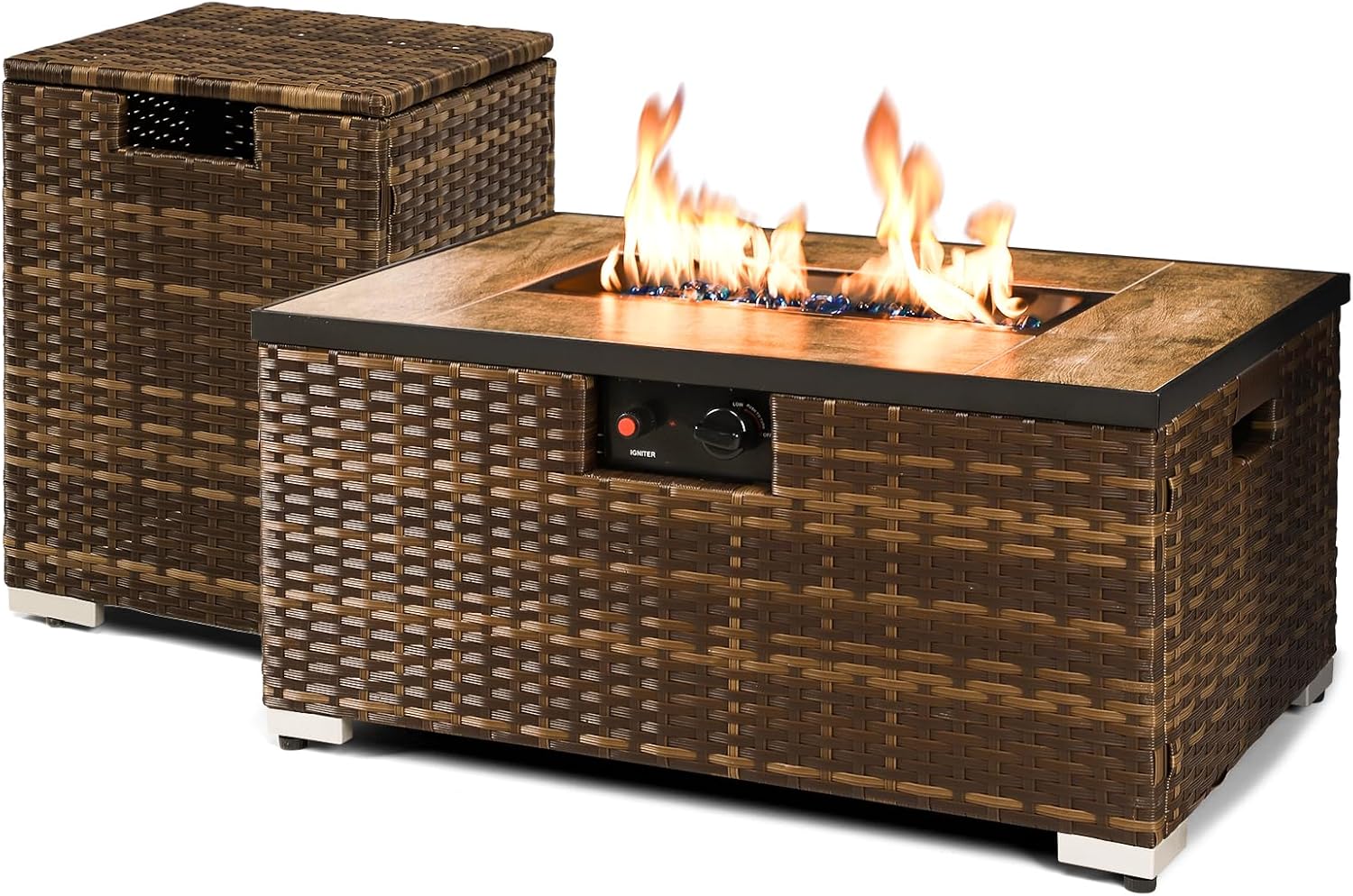 Outdoor Propane Fire Pit Table w/Tank Holder, 2 Piece Handmade Rattan Wicker Firepit Ceramic Tabletop with Steel Lid 40,000 BTU Rectangle Fire Table Set for Patio, Deck, Backyard (Brown)
