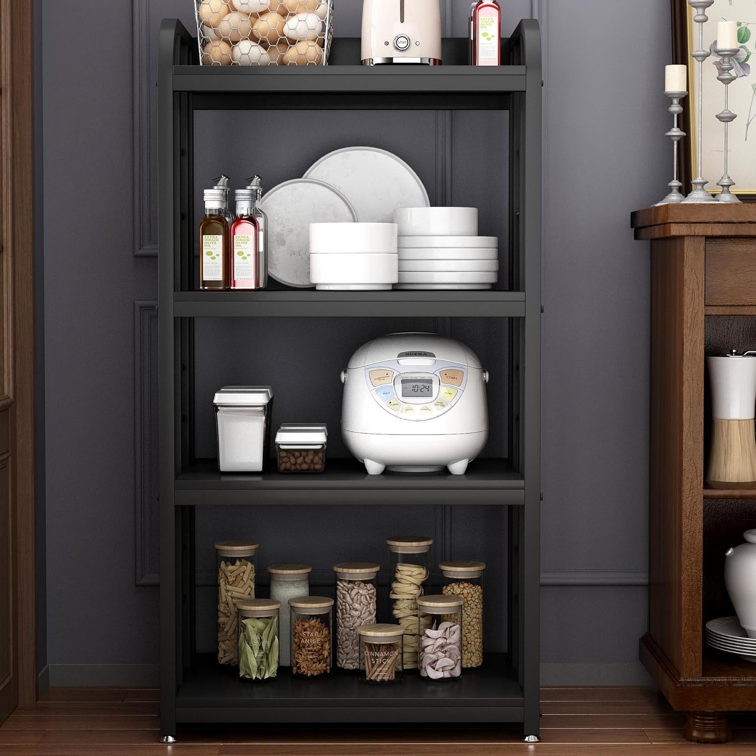 4-Tier Kitchen Baker's Rack, Free Standing Microwave Oven Stand Utility Storage Shelf Island Coffee Bar for Living Room, Home Office (Black)