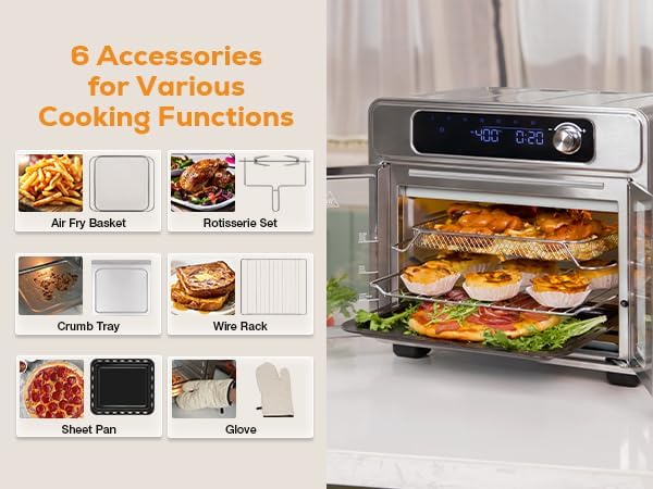 Extra Large French Door Air Fryer Toaster Oven Combo, 24 Cooking Functions and Digital Controls, 6 Accessories Included, Stainless Steel Finish, 26QT Capacity, Fits 12