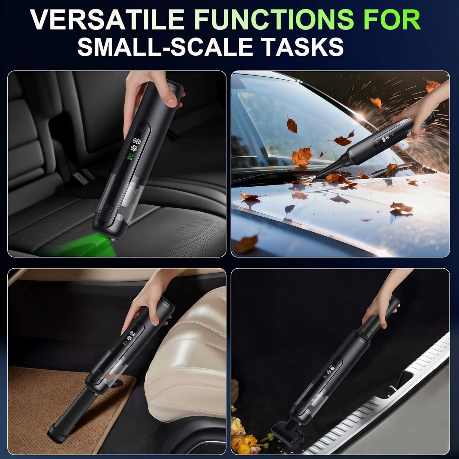 Car Vacuum, Handheld Cordless Vacuum 19000Pa, 4-in-1 Mini Portable Cleaner with Green LED Detection Light, 2 Modes for Car, Home, Office, Desk & Keyboards, Rechargeable, Washable Filter