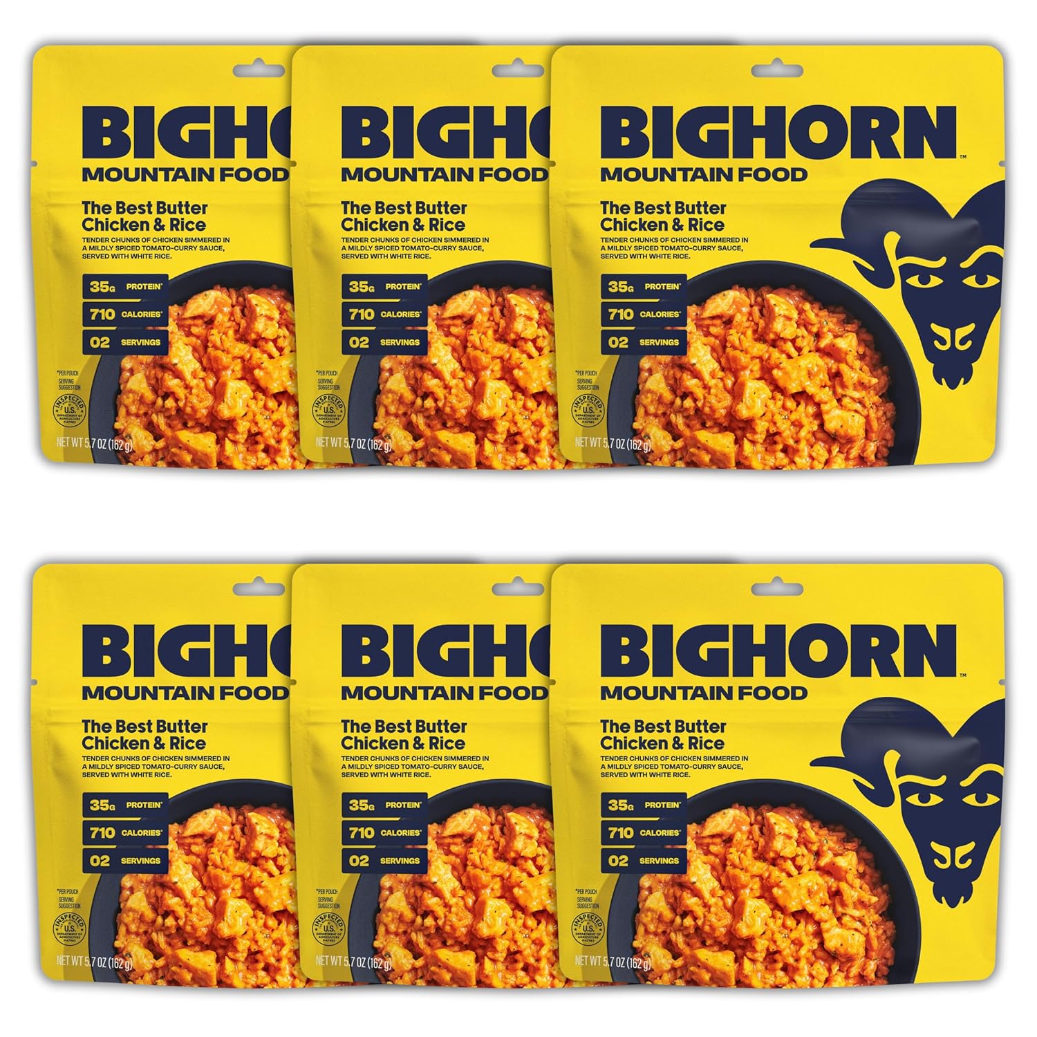 BIGHORN Mountain Food The Best Butter Chicken and Rice - contains 6 packs | 12 servings | 210g Protein | 4,260 Calories - premium freeze dried meals for backpacking food - dehydrated camping food for backpacking meals - ideal camping meals just add w