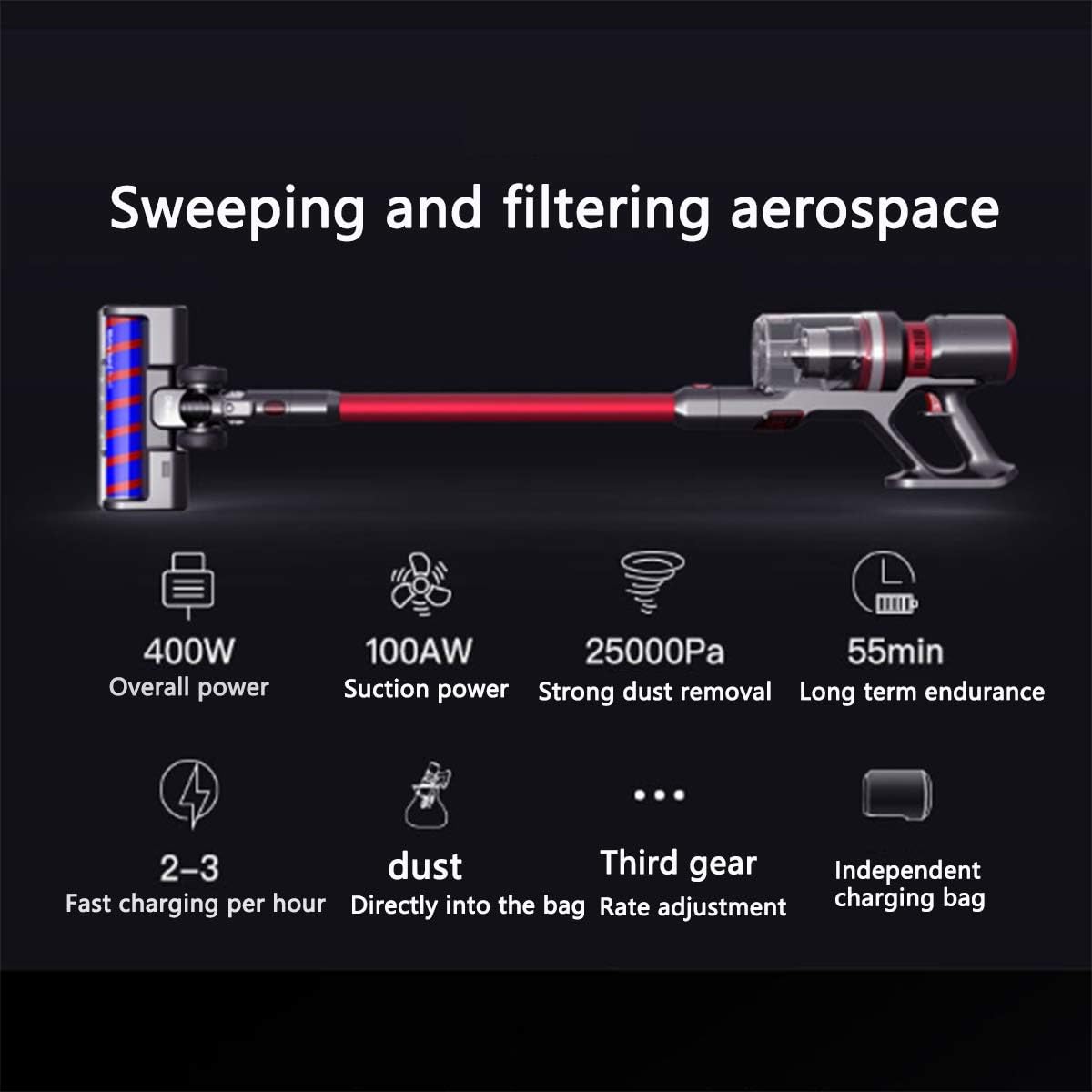 Cordless Vacuum Cleaner Five-Fold Filter Belt 400W25000pa Super Suction Hand-Held Vacuum Cleaner Used for Hard Floors of Pet Blankets