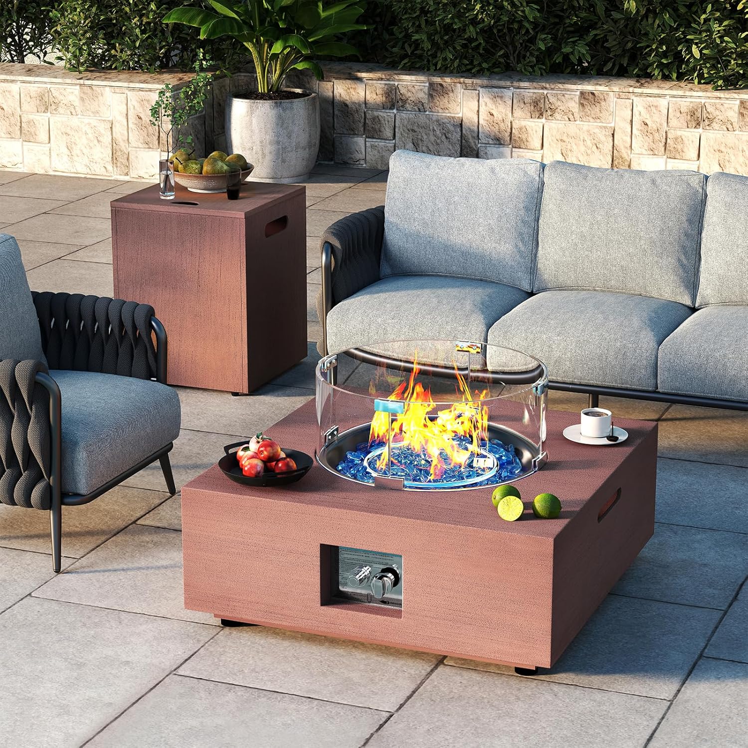 28 Inch Fire Pit Table Propane Fire Pit 40,000 BTU Gas Fire Pits 2-Piece With Tank Table Wind Guard Glass Rocks Protective Cover For Outside Patio Outdoor Backyard Deck Balcony, CSA Certified