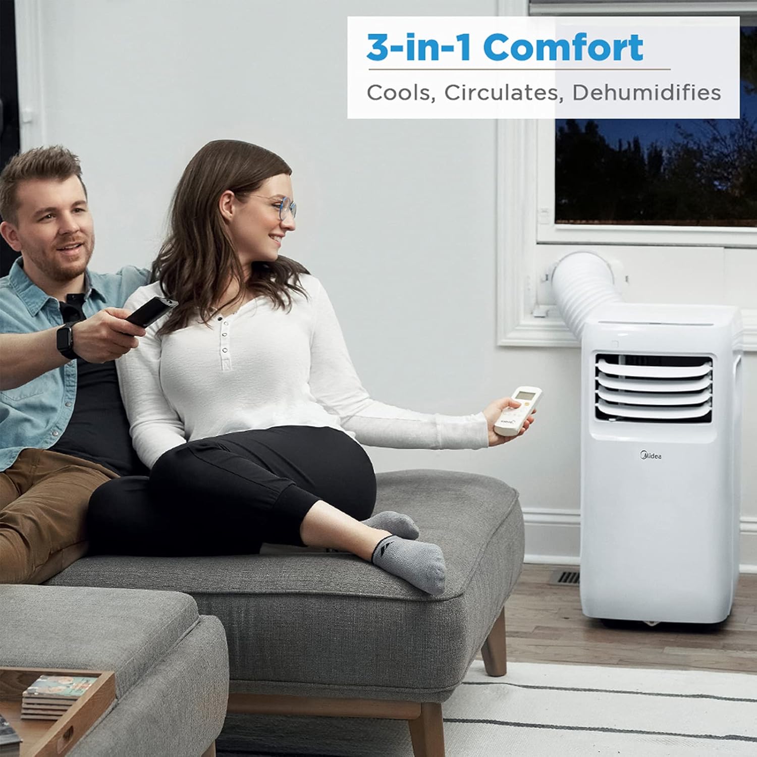 MIDEA 8,000 BTU (5300 BTU SACC) 3-in-1 Portable Air Conditioner, Dehumidifier, Fan Cools up to 175 sq ft with Remote Control, Complete Window Mount Exhaust Kit