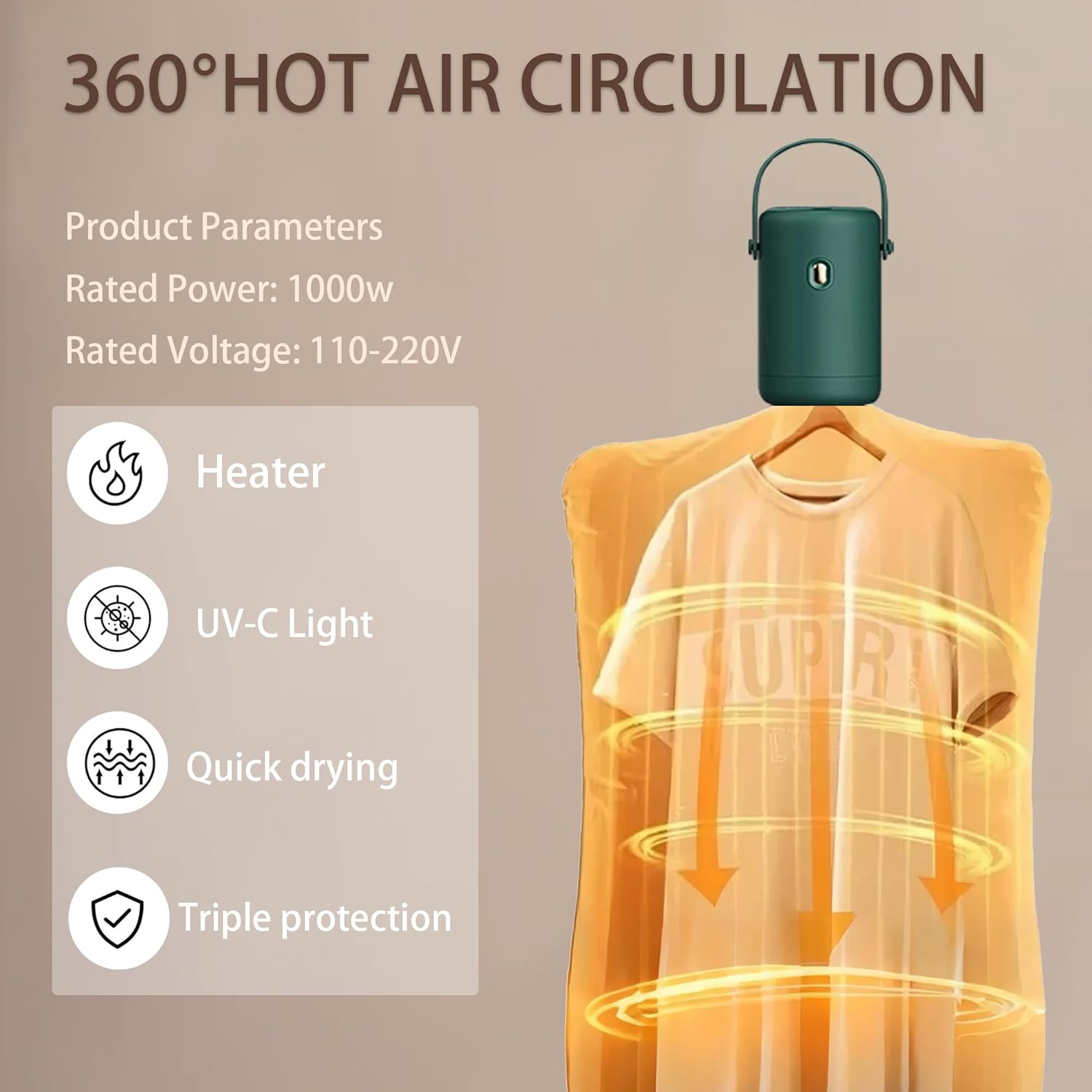 Portable Clothes Dryer, Mini Hanging Electric Laundry Dryer with Foldable Mini Drying Machine for Light Clothes, for Travel, Apartment, RV, Dorm,Convenient Fast Hanging Compact Clothes Dryer