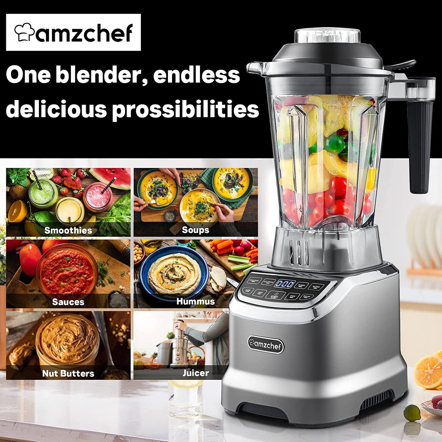 AMZCHEF Professional Blender for Smoothies,4 Functions,1800W Smoothie Blender,63 Oz Pitcher/20-Oz To-go Cup，Ice and Frozen Fruit,Self-Cleaning,High Speed,Grey