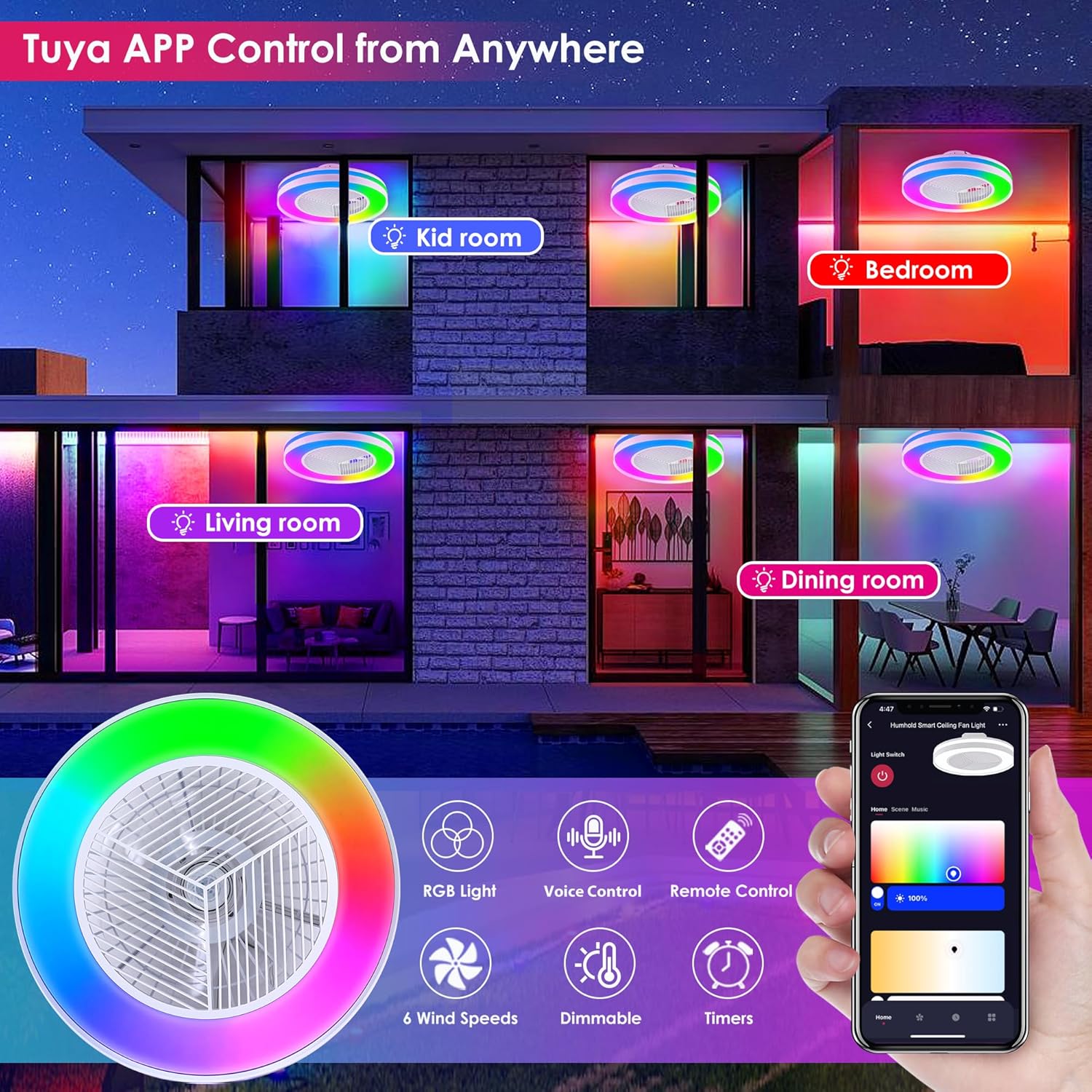 Smart Low Profle Ceiling Fans with RGB Lights Remote/APP/Voice Control, 20