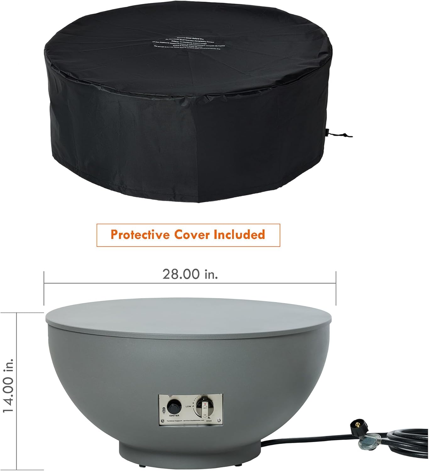 28-Inch Fire Table, 58,000 BTU Oudoor Propane Fire Pit, Patio Round Fire Bowl Gas Firepit with Lid, Lava Rocks, Cover, Pre-Attached 10FT Propane Hose, Gray