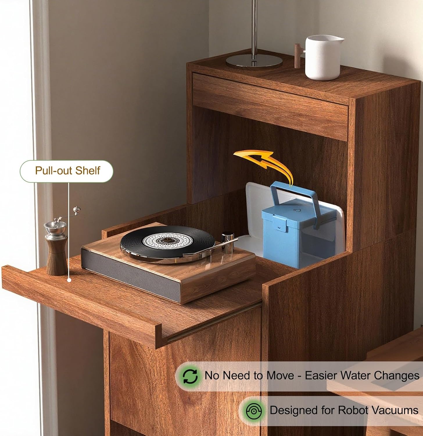 Robot Vacuum Stand Cabinet Hidden Entryway or Living Room Cabinet with Doors, Storage Rack with Pull-Out Top for Water Change, End Side Table for Home Office(Yellow,65cm/25.6in)