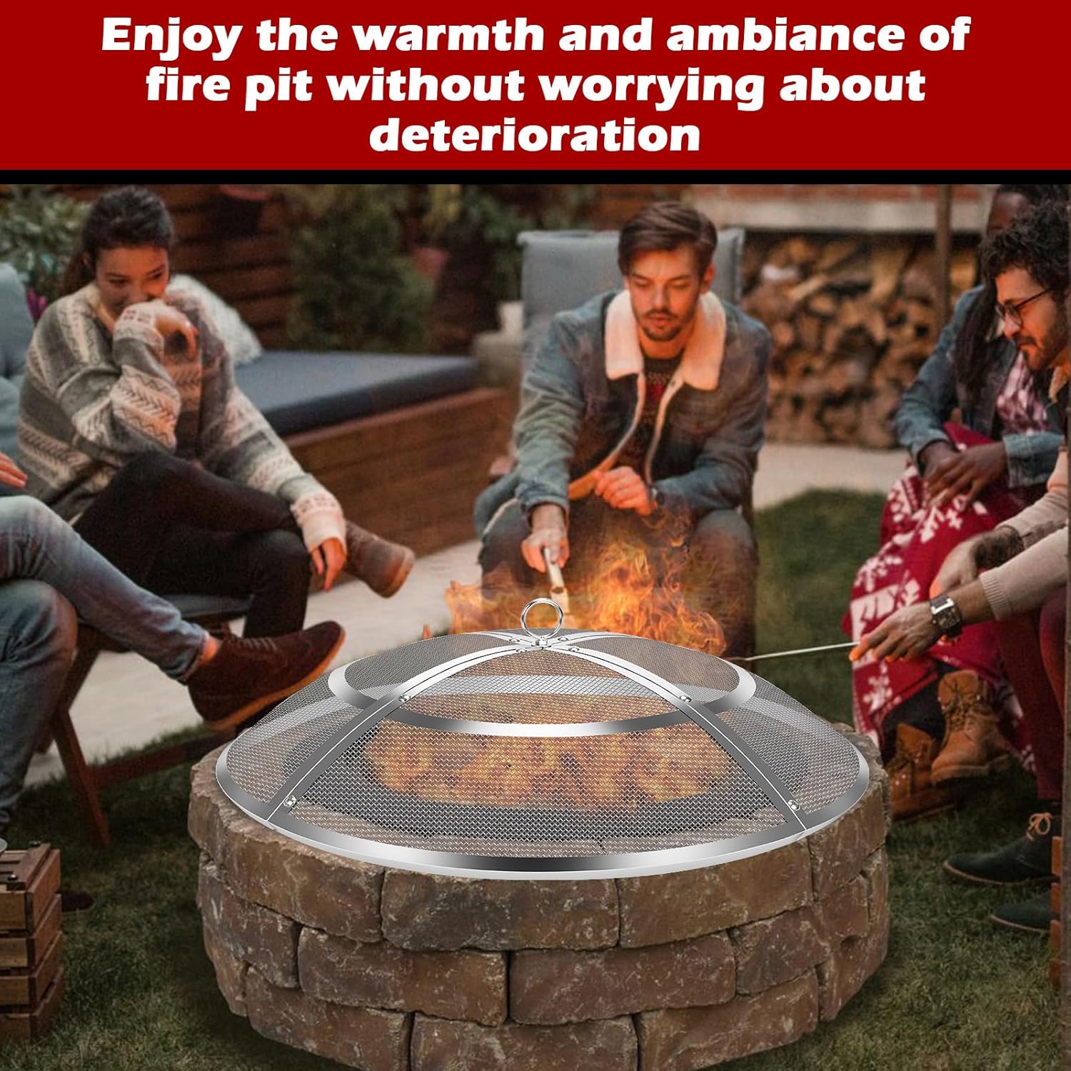 Fire Pit Spark Screen,40 Inch Fire Pit Screen Cover Stainless Steel Outdoor with Handle&Poker,Firepit Screens Cover Round Mesh Lid Heavy-Duty Steel Replacement for Backyard/Beach/RV Camping