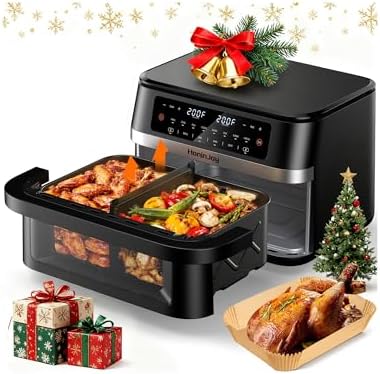 12QT Large Dual Basket Air Fryer with Flex Basket, Viewing Window and 50PCS Paper Liners, 12-in-1 Family Size with Sync & Dual & Light, Double Zone for Bake, Roast, Reheat, Dishwasher Safe