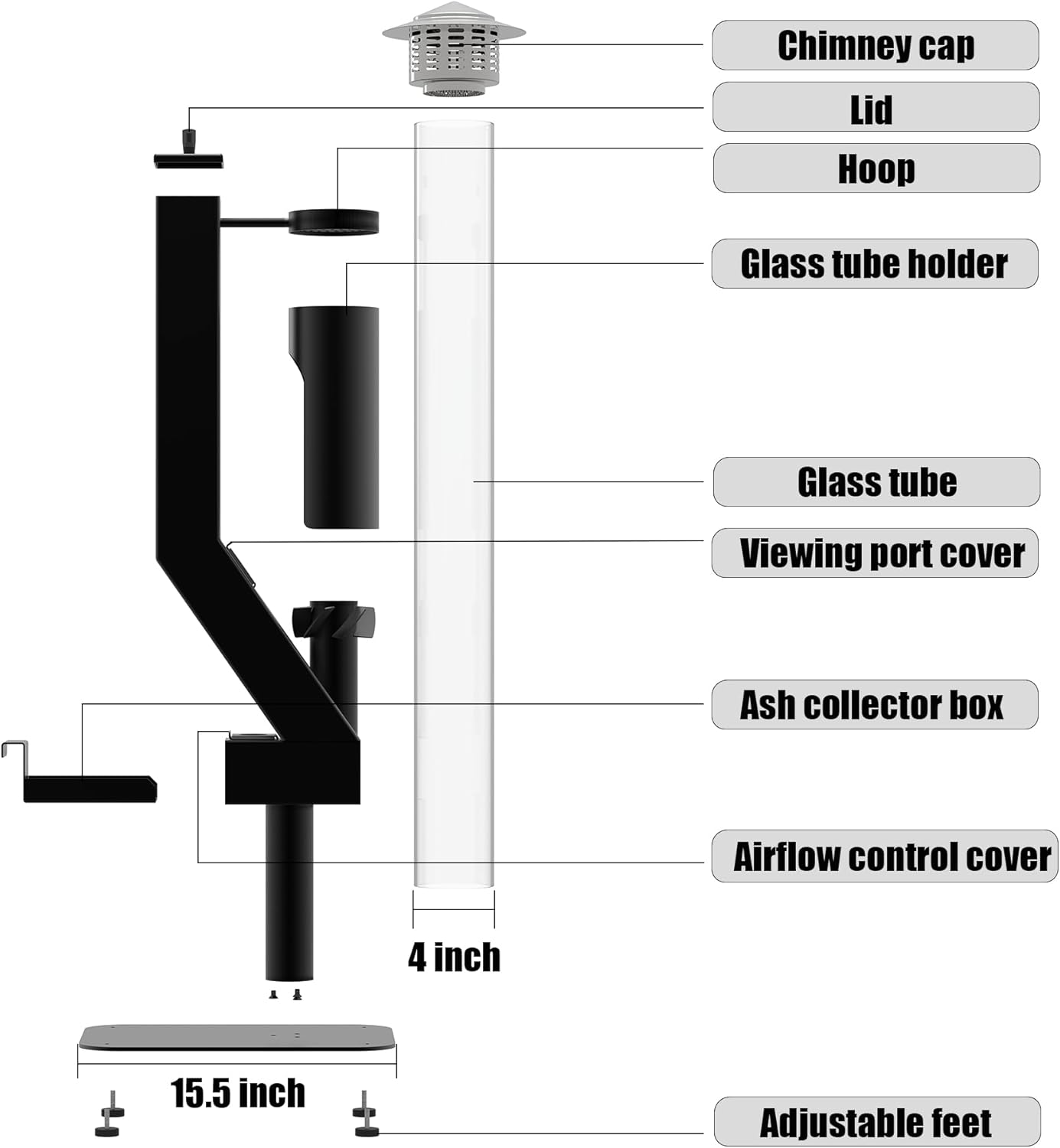 Smokeless Wood Pellet Patio Heater, Spiral Swirling Flame Glass Tube Fire Pit for Patio/Garden/Backyard, Anti-Tip Steel Base with Adjustable Feet, Outdoor Use Only