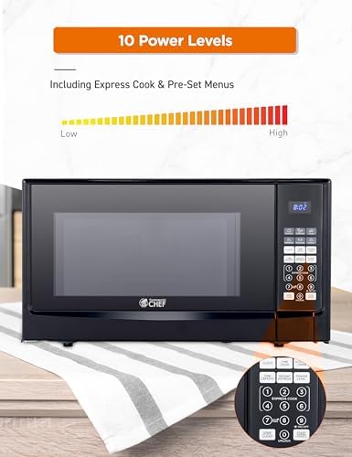 COMMERCIAL CHEF 1.4 Cubic Foot Microwave with 10 Power Levels, Small Microwave with Push Button, 1100 Watt Microwave with Digital Control Panels, Countertop Microwave with Timer, Black