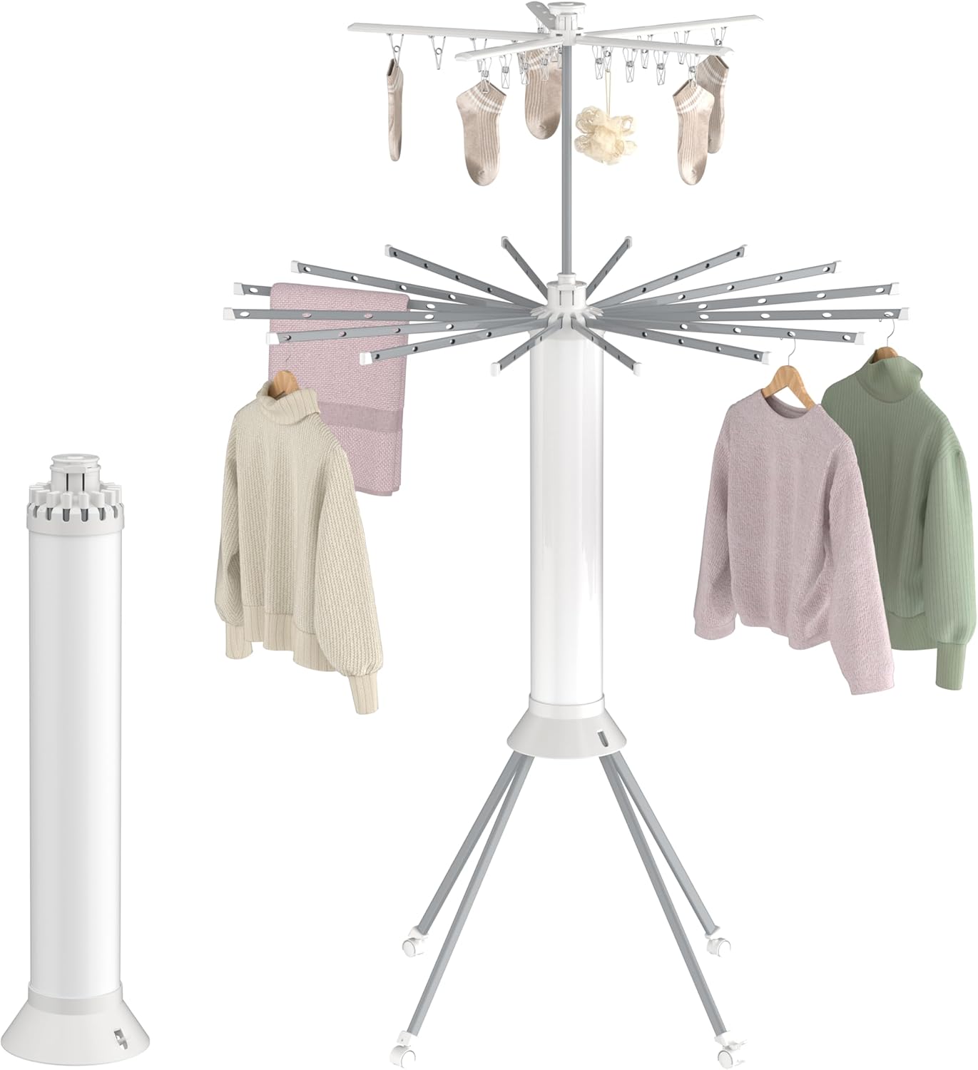 Clothes Drying Rack Foldable, 4-Legged Double Dryer Rack with 20 Clips, Laundry Drying Rack with 4 Pulleys, Portable Drying Rack Clothing, Collapsible Indoor Hanging Dry Rack for Clothes, Socks, Towel
