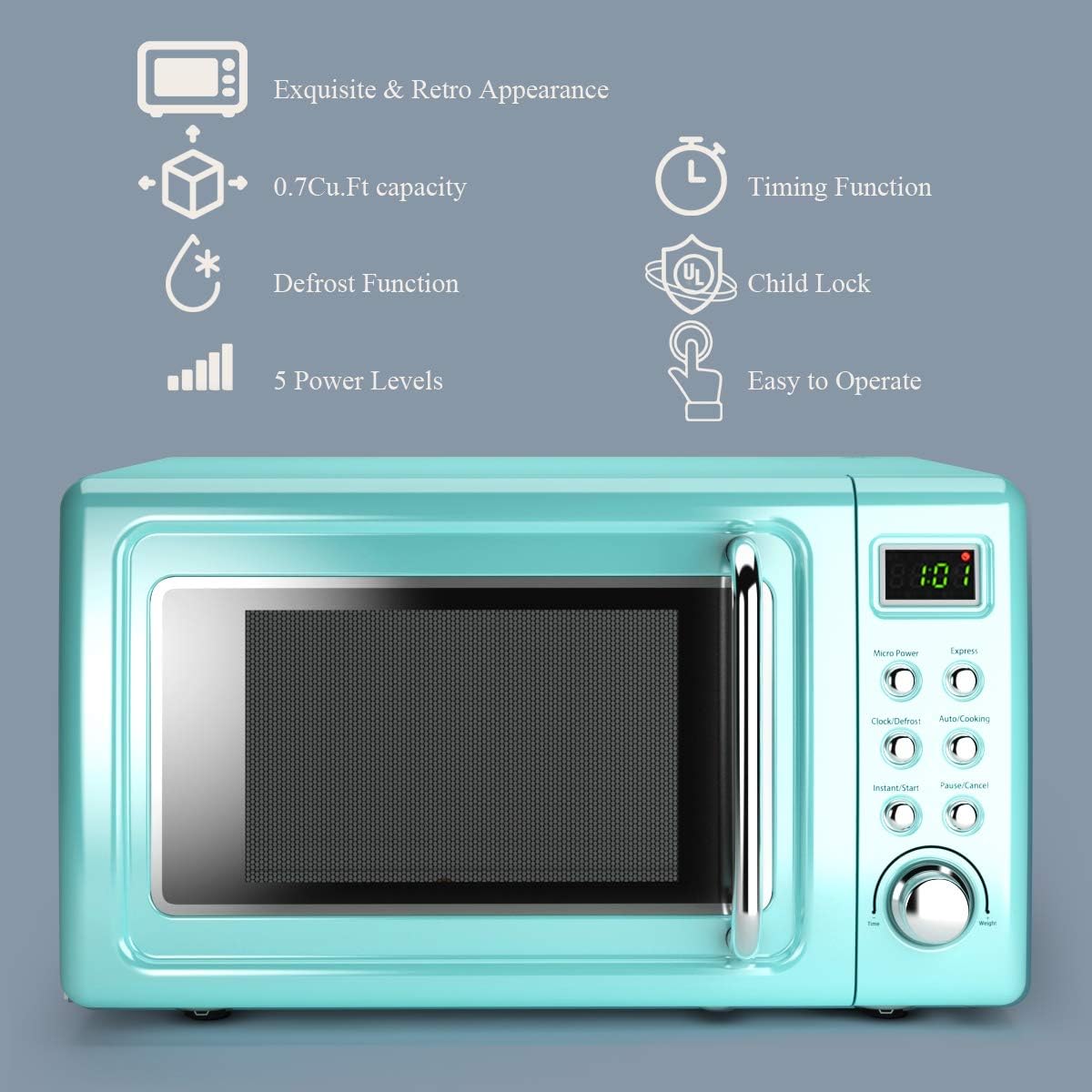 Retro Countertop Microwave Oven, Large 0.7Cu.ft, 700-Watt, Cold Rolled Steel Countertop with Time Setting, Glass Turntable Plate, Pre-Programmed Cooking Settings, LED Display, Child Lock (Green)